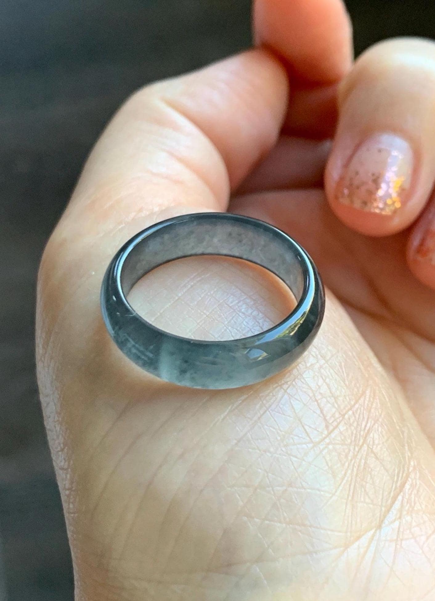 Natural Grade A Guatemalan Icy Highly Translucent Wuji Jade Jadeite Band Ring Size 9.75 US 天然高冰危蓝乌鸡翡翠戒圈 GWW330A