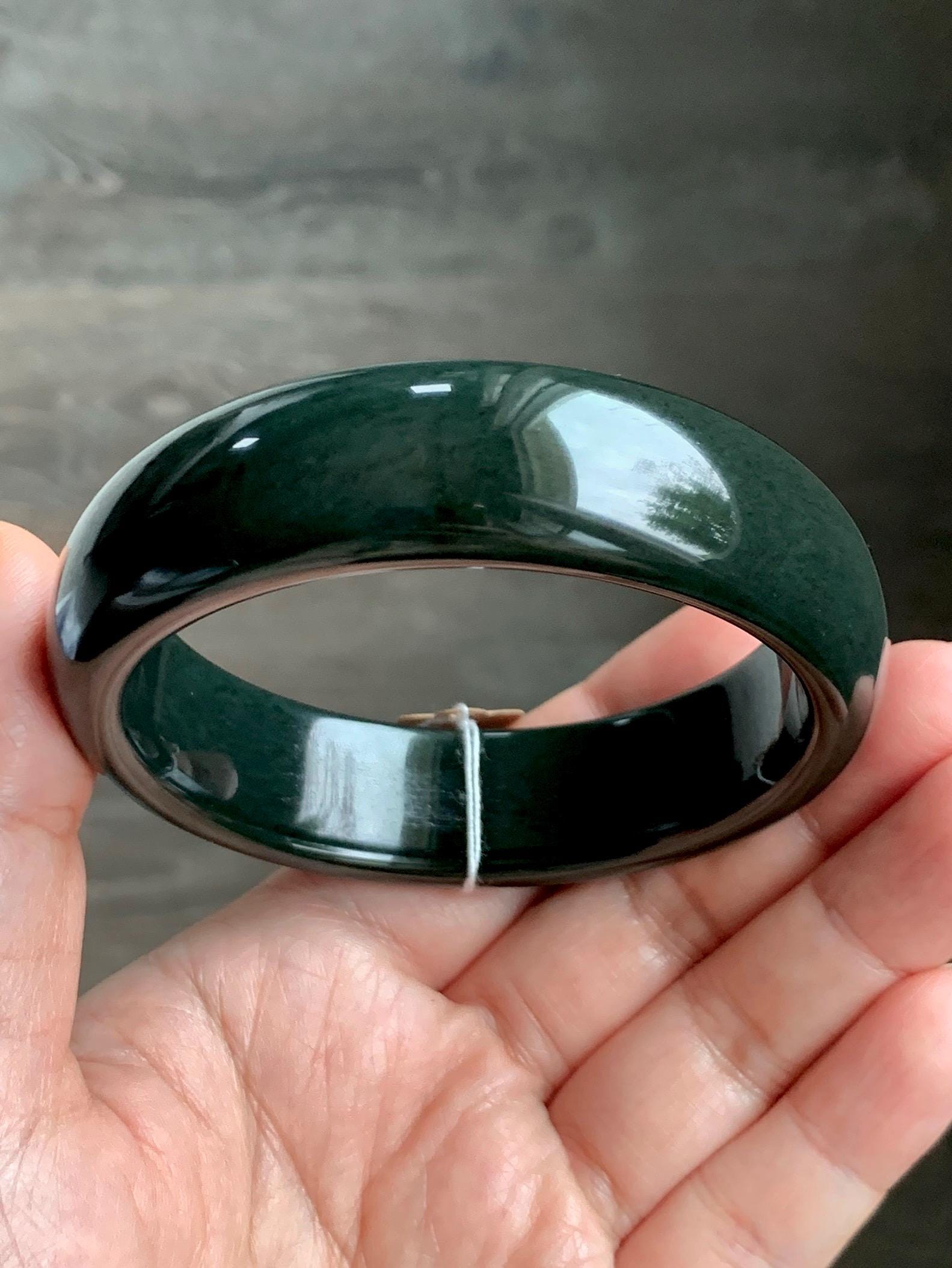 Certified Natural Nephrite Jade Opaque Black Wide Bangle Bracelet 59.88mm 7.4” 97g 天然和田玉墨玉轮胎宽手镯 154