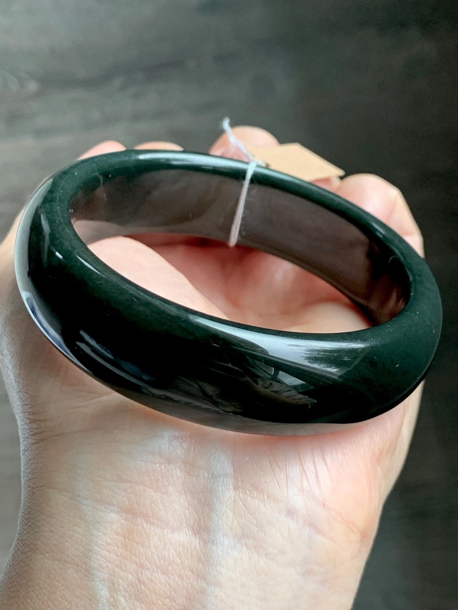 Certified Natural Nephrite Jade Opaque Black Wide Bangle Bracelet 59.88mm 7.4” 97g 天然和田玉墨玉轮胎宽手镯 154