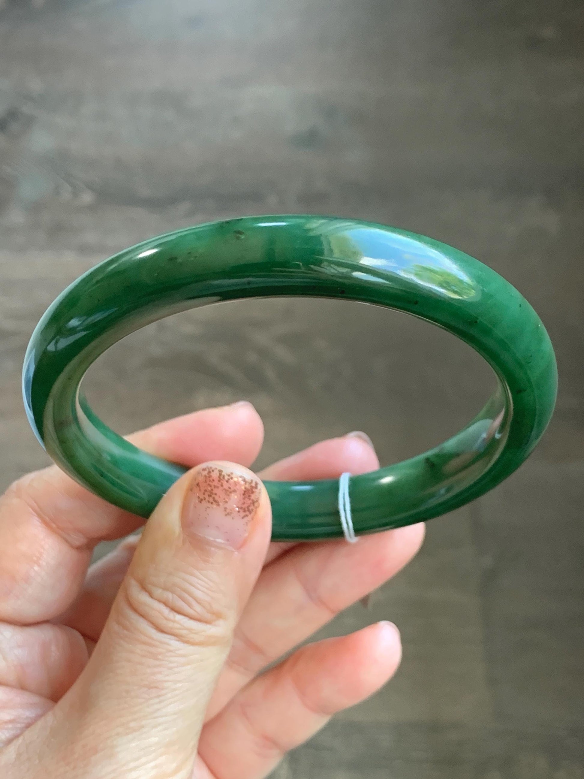 Certified Natural Nephrite Jade Translucent Dark Green Bangle Bracelet 63.5mm 7.85” 58g 天然和田玉菠菜绿轮胎宽手镯 150