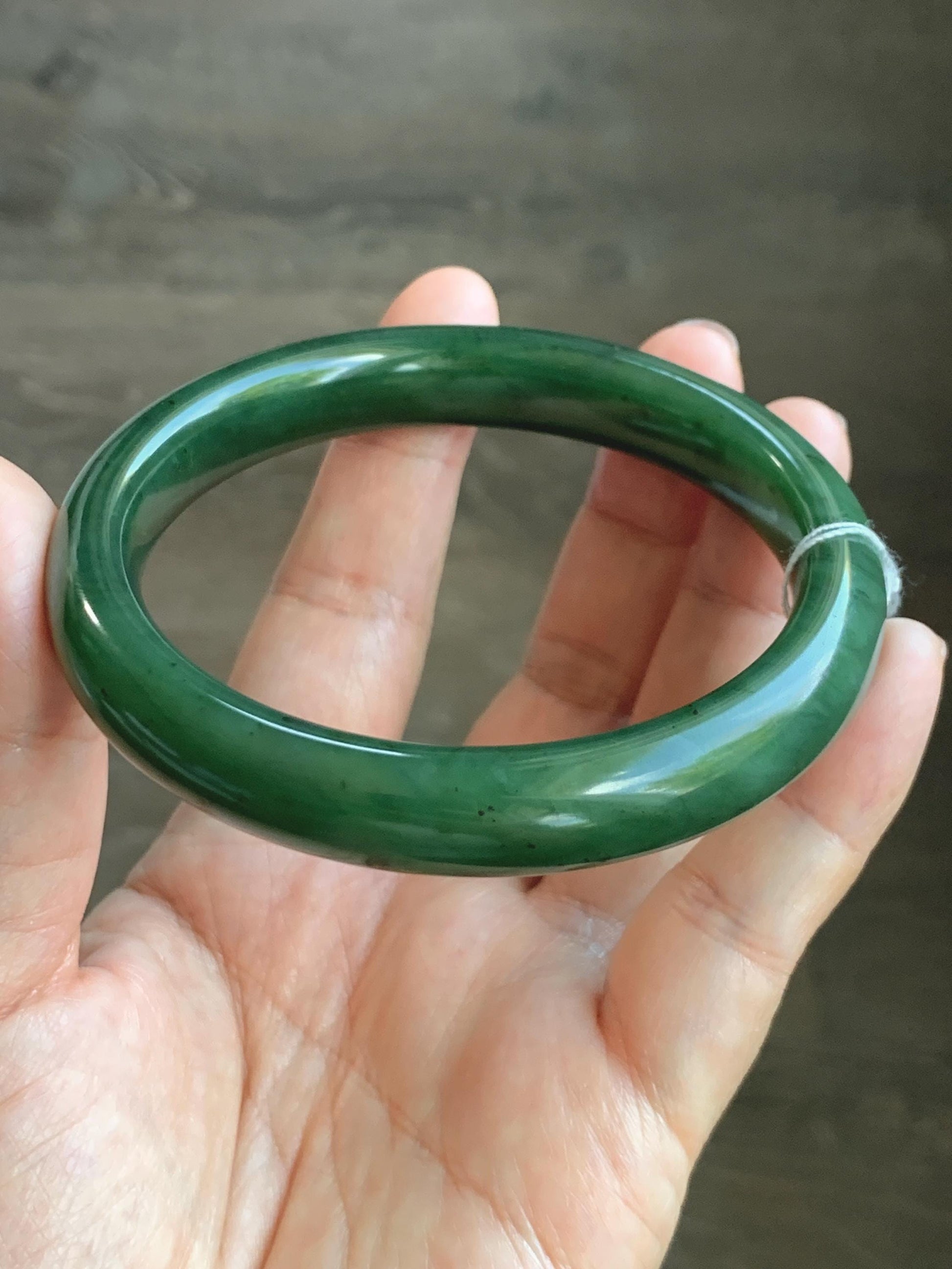 Certified Natural Nephrite Jade Translucent Dark Green Bangle Bracelet 63.5mm 7.85” 58g 天然和田玉菠菜绿轮胎宽手镯 150