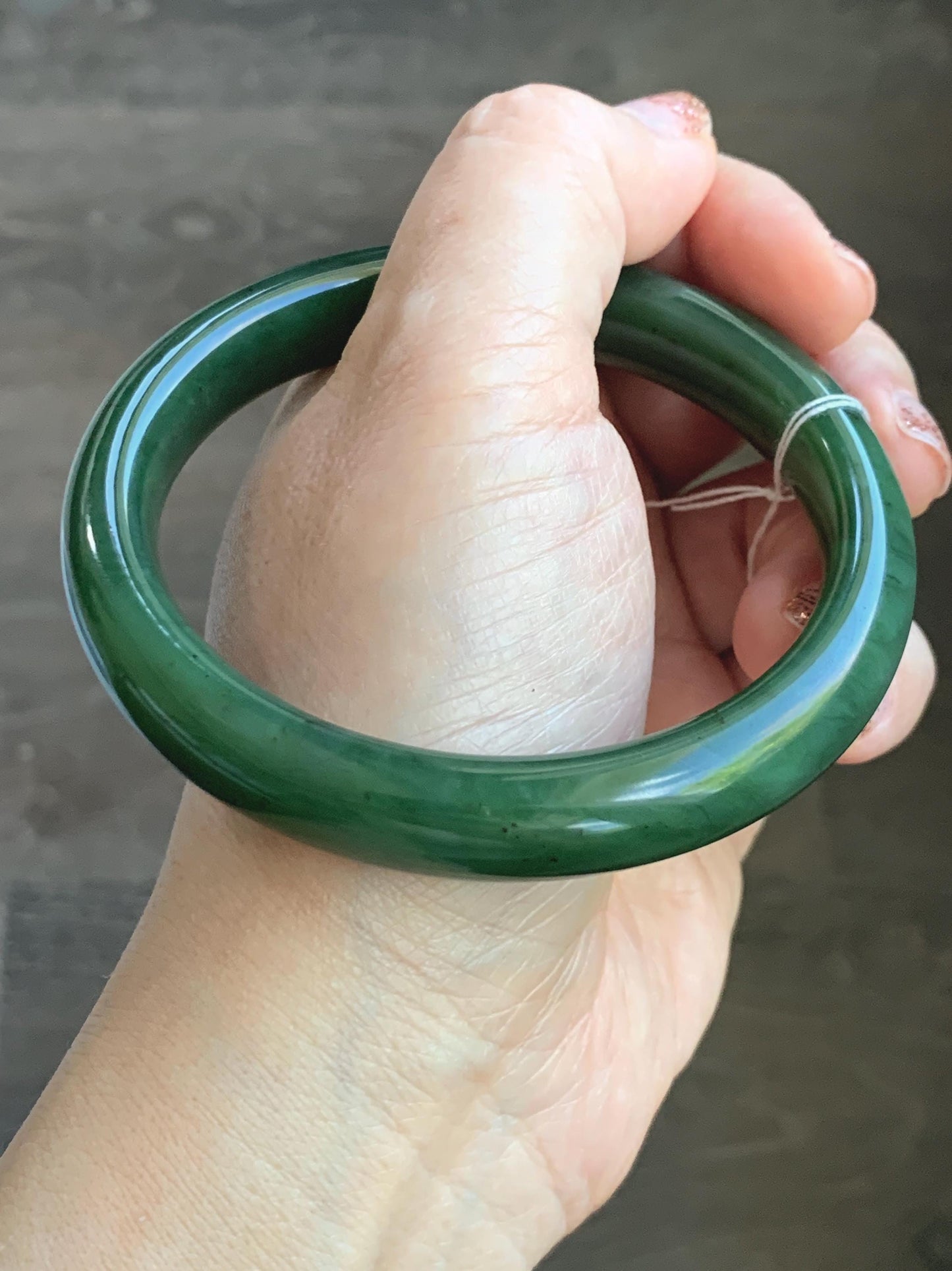 Certified Natural Nephrite Jade Translucent Dark Green Bangle Bracelet 63.5mm 7.85” 58g 天然和田玉菠菜绿轮胎宽手镯 150