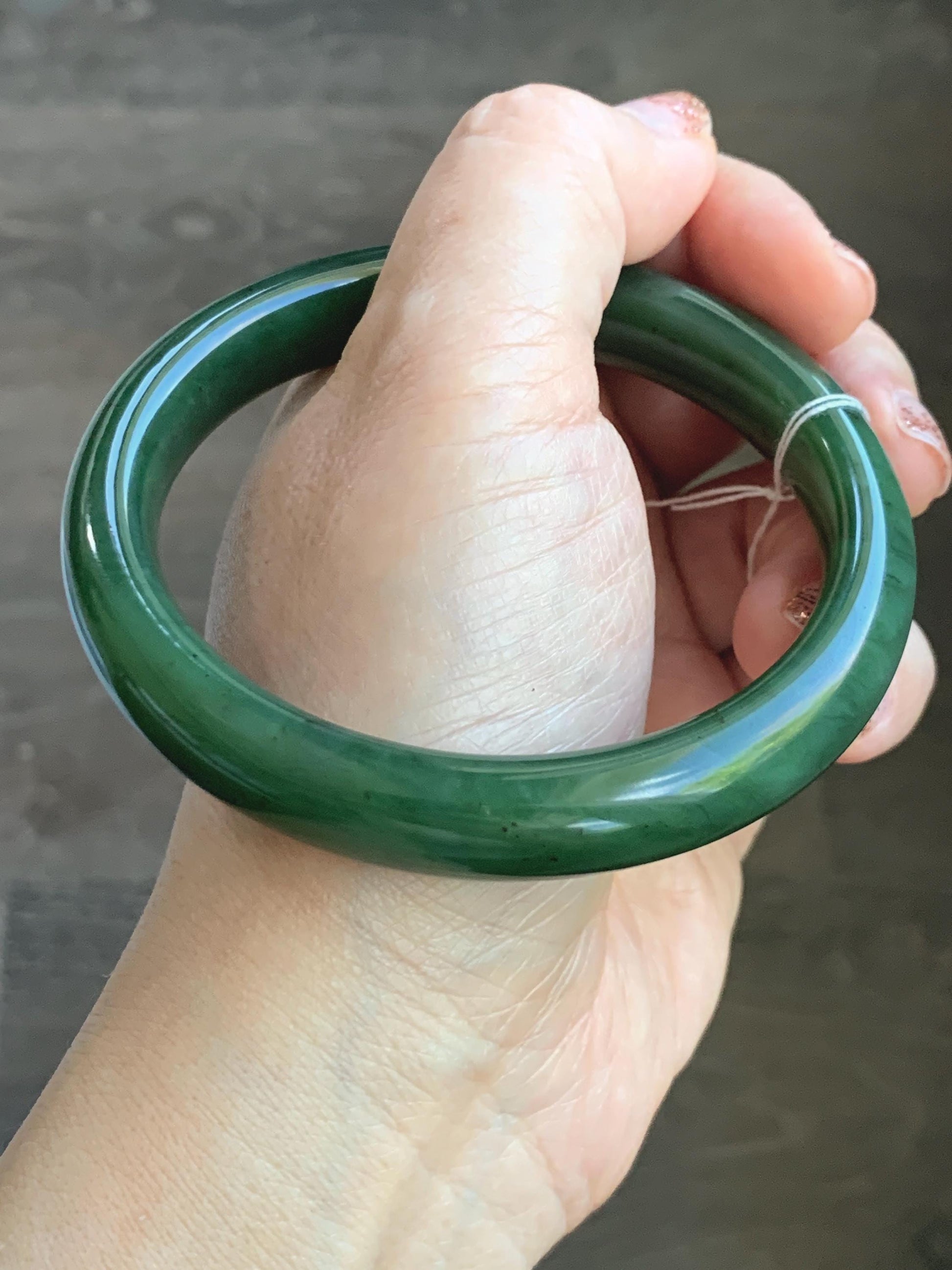 Certified Natural Nephrite Jade Translucent Dark Green Bangle Bracelet 63.5mm 7.85” 58g 天然和田玉菠菜绿轮胎宽手镯 150