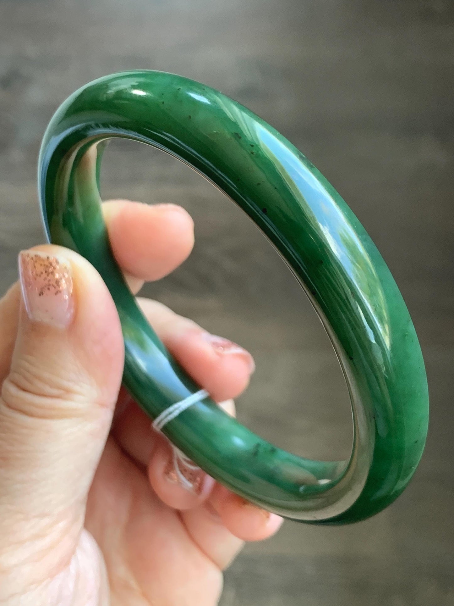 Certified Natural Nephrite Jade Translucent Dark Green Bangle Bracelet 63.5mm 7.85” 58g 天然和田玉菠菜绿轮胎宽手镯 150