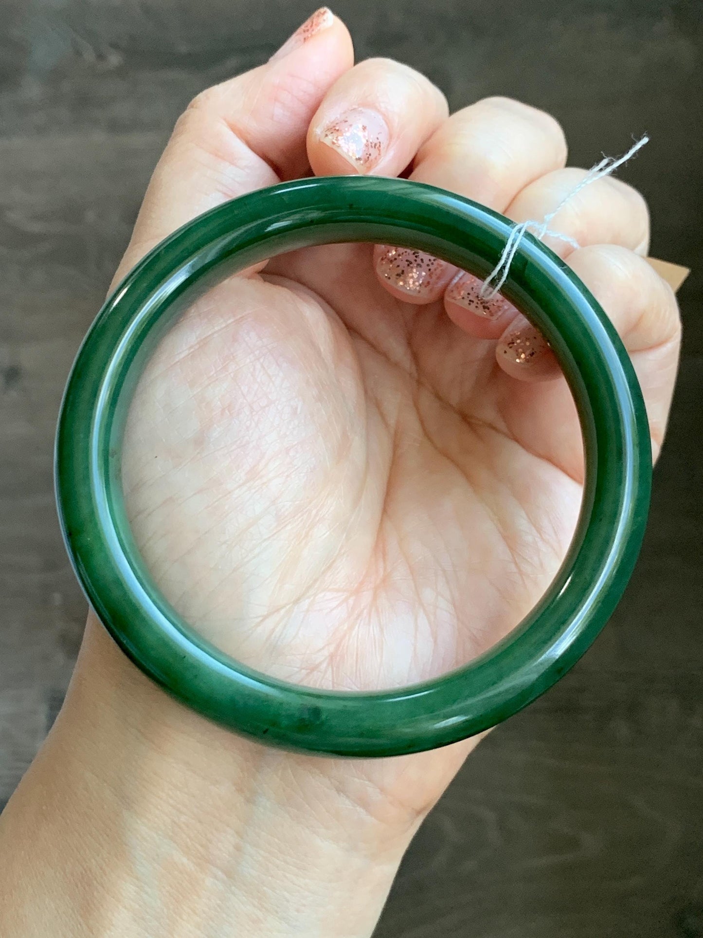 Certified Natural Nephrite Jade Translucent Dark Green Bangle Bracelet 63.5mm 7.85” 58g 天然和田玉菠菜绿轮胎宽手镯 150