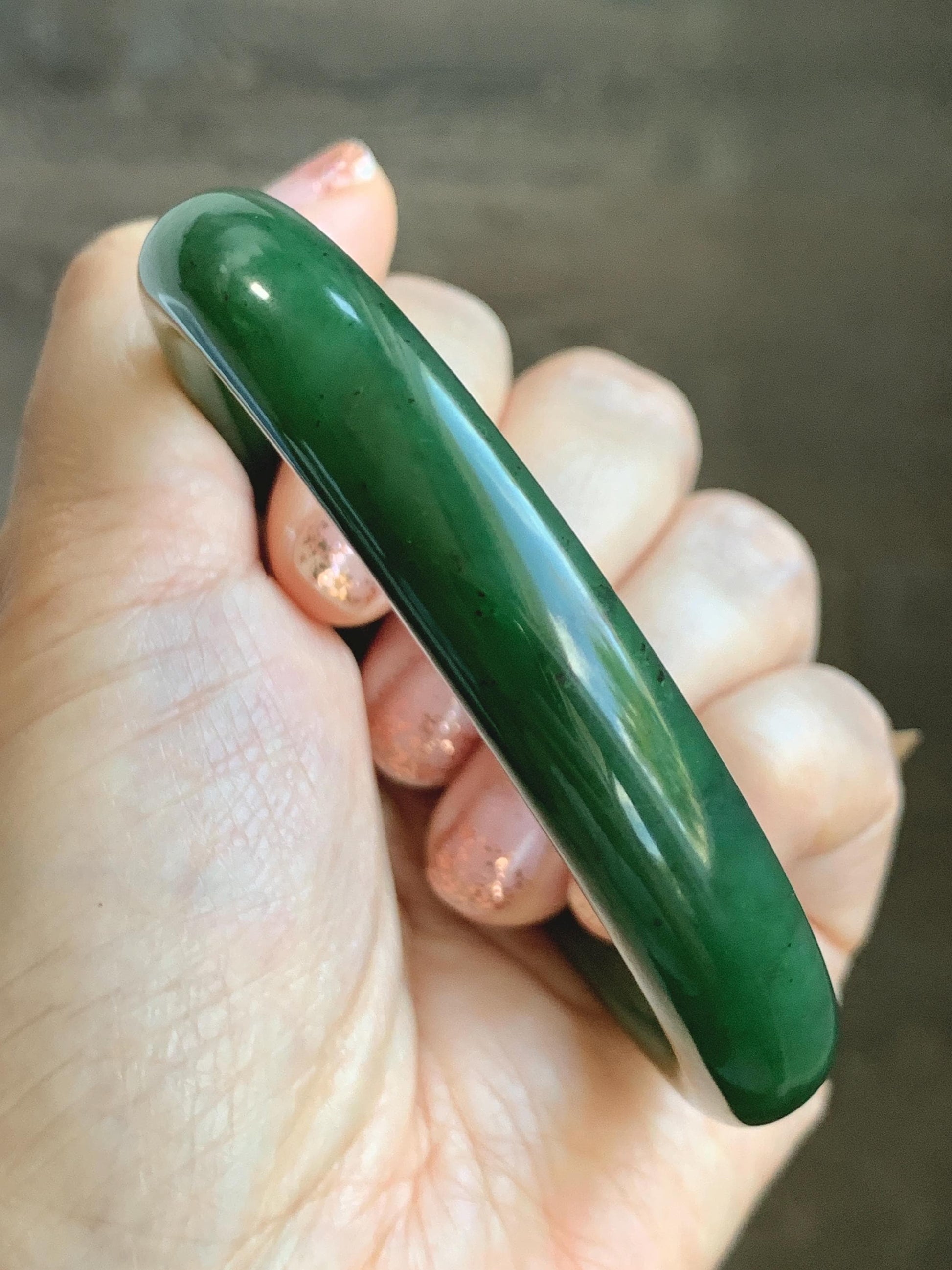 Certified Natural Nephrite Jade Translucent Dark Green Bangle Bracelet 63.5mm 7.85” 58g 天然和田玉菠菜绿轮胎宽手镯 150