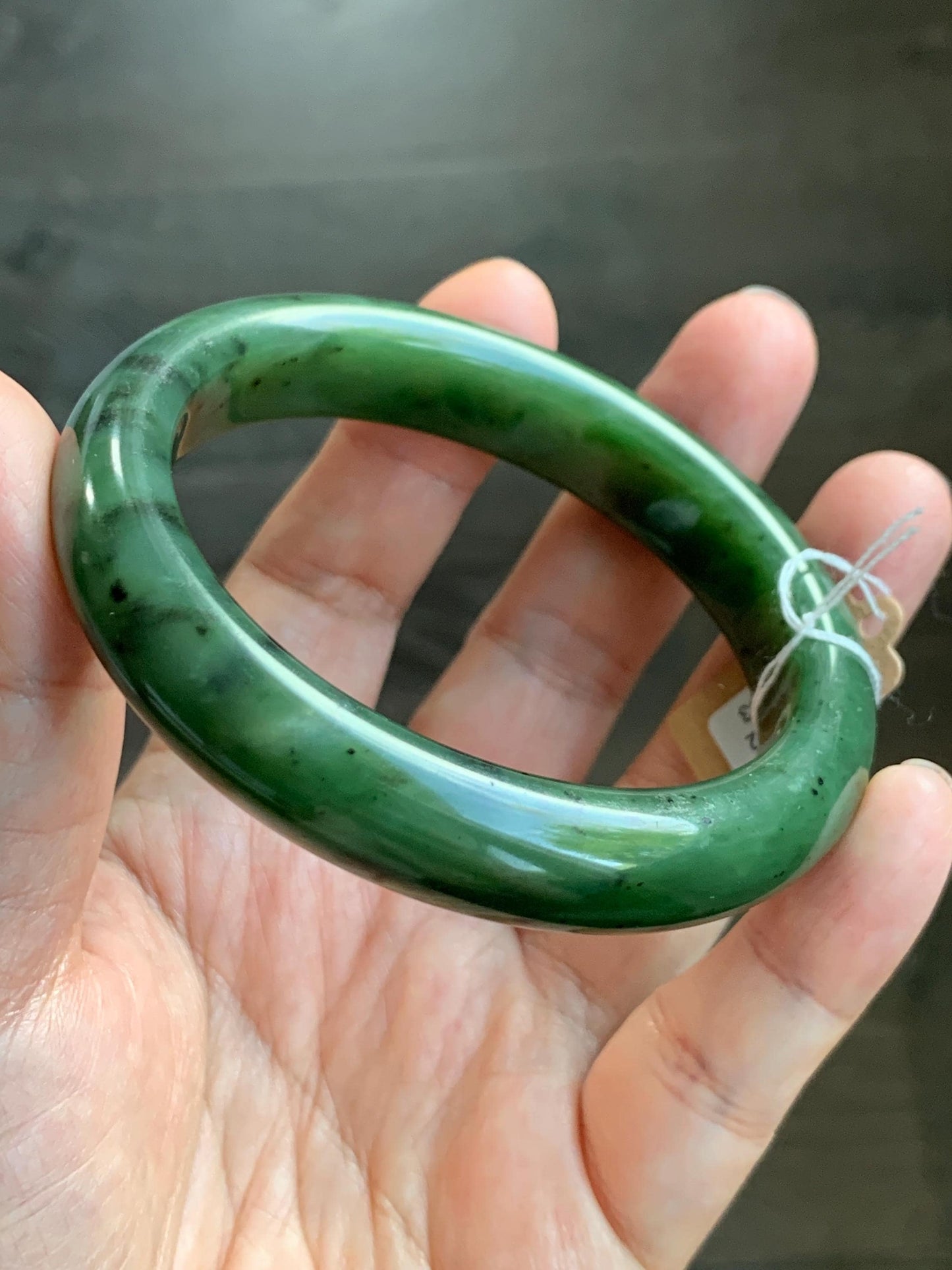Certified Natural Nephrite Jade Translucent Dark Green Bangle Bracelet 58.6mm 7.25” 78g 天然和田玉菠菜绿轮胎宽手镯 153