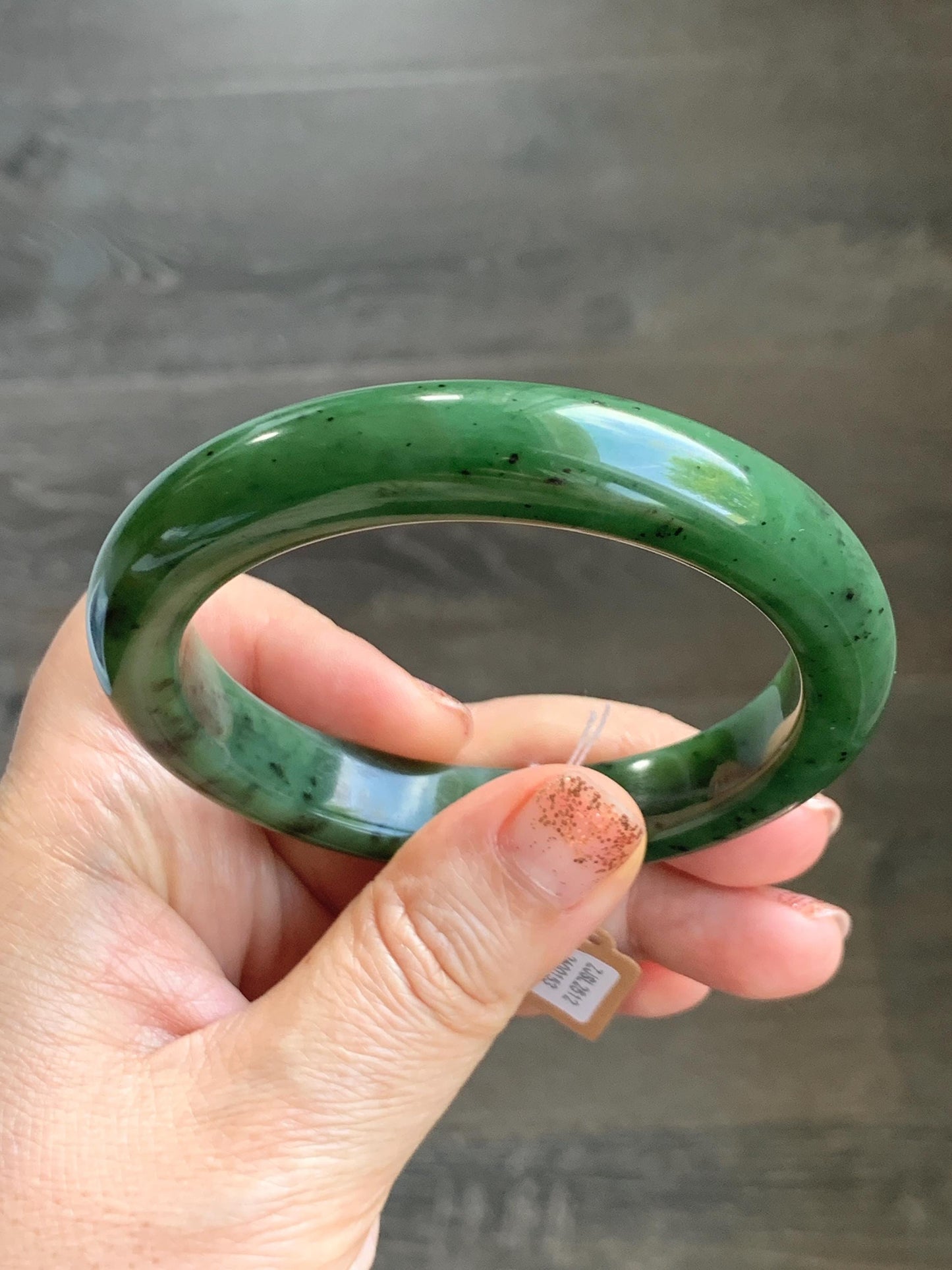 Certified Natural Nephrite Jade Translucent Dark Green Bangle Bracelet 58.6mm 7.25” 78g 天然和田玉菠菜绿轮胎宽手镯 153
