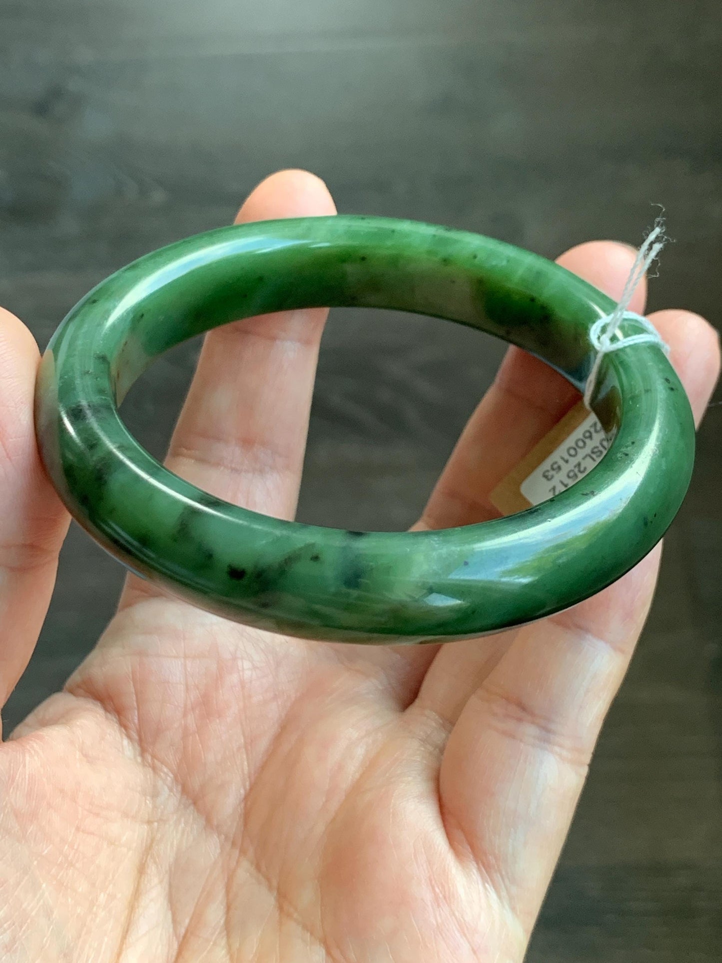 Certified Natural Nephrite Jade Translucent Dark Green Bangle Bracelet 58.6mm 7.25” 78g 天然和田玉菠菜绿轮胎宽手镯 153