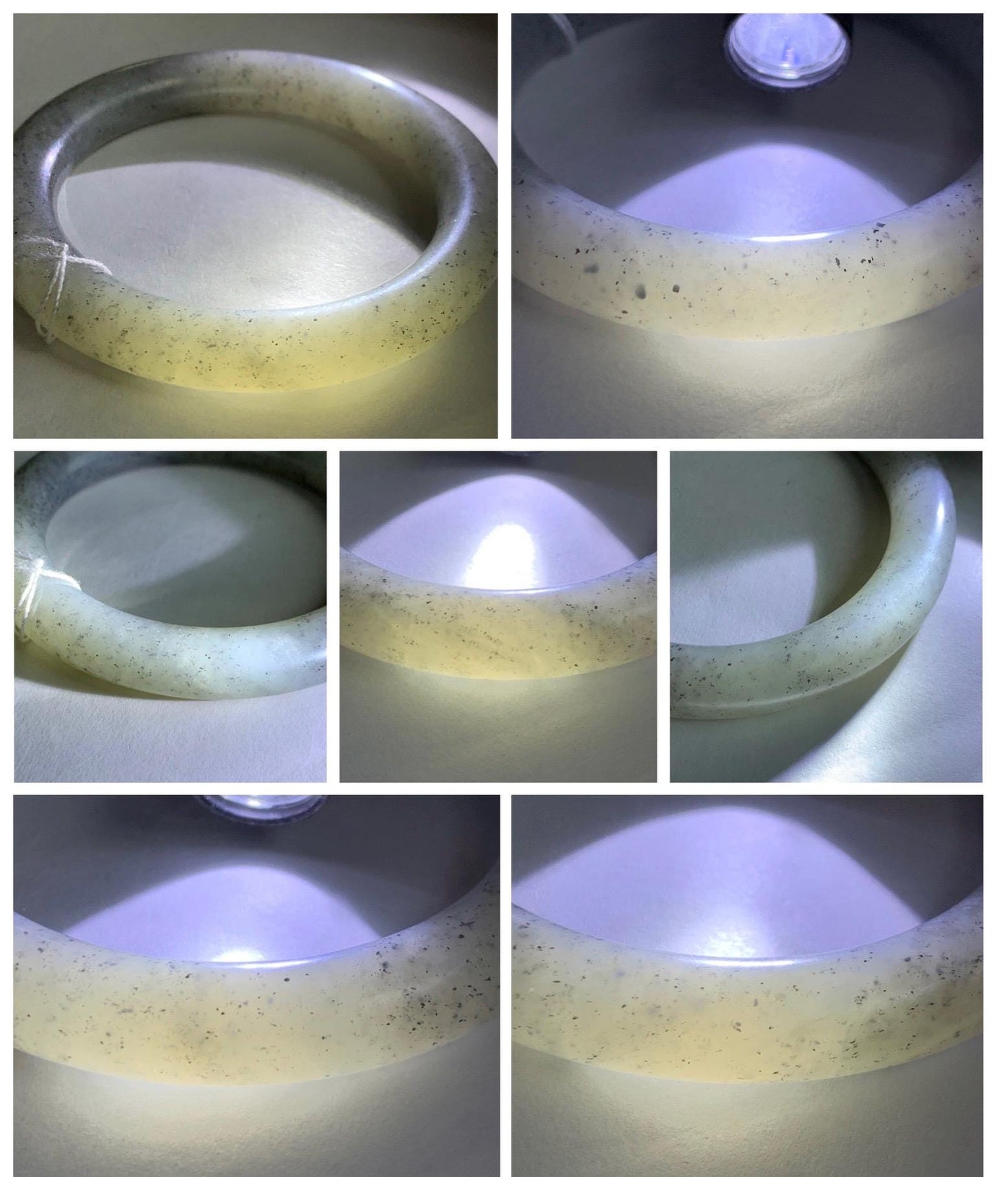 Certified Natural Nephrite Jade Translucent Gray Wuji Marbled Bangle Bracelet Matte Finish 56.7mm 7” 53g 天然和田玉乌鸡黑芝麻花圆条哑光手镯 145