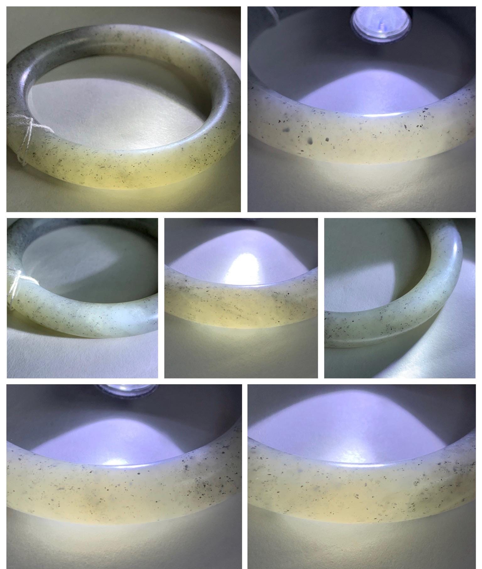Certified Natural Nephrite Jade Translucent Gray Wuji Marbled Bangle Bracelet Matte Finish 56.7mm 7” 53g 天然和田玉乌鸡黑芝麻花圆条哑光手镯 145