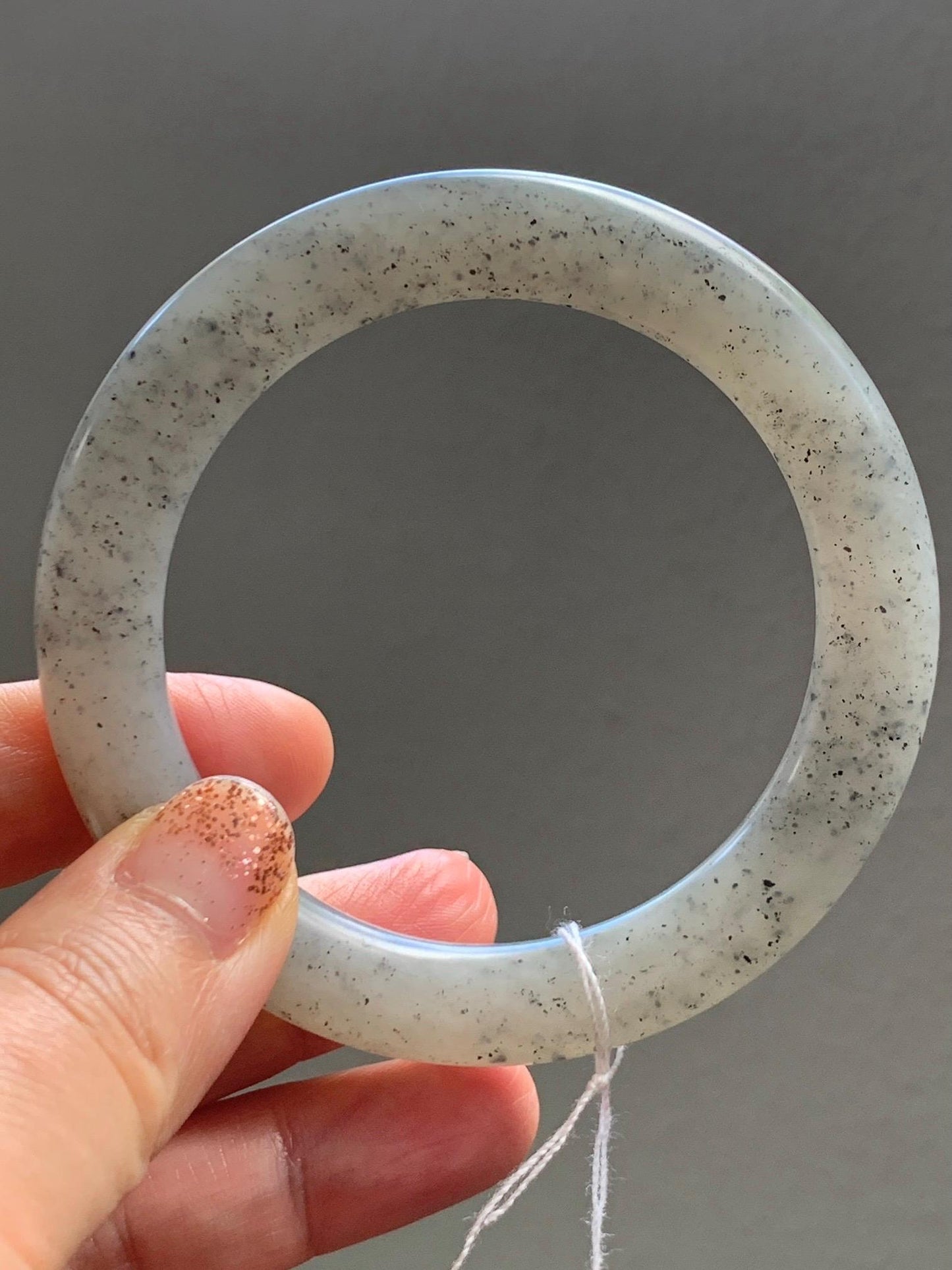 Certified Natural Nephrite Jade Translucent Gray Wuji Marbled Bangle Bracelet Matte Finish 56.7mm 7” 53g 天然和田玉乌鸡黑芝麻花圆条哑光手镯 145