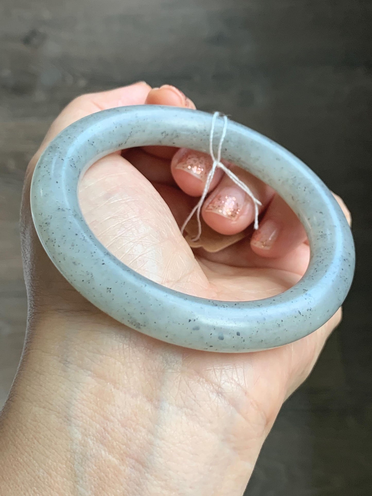 Certified Natural Nephrite Jade Translucent Gray Wuji Marbled Bangle Bracelet Matte Finish 56.7mm 7” 53g 天然和田玉乌鸡黑芝麻花圆条哑光手镯 145
