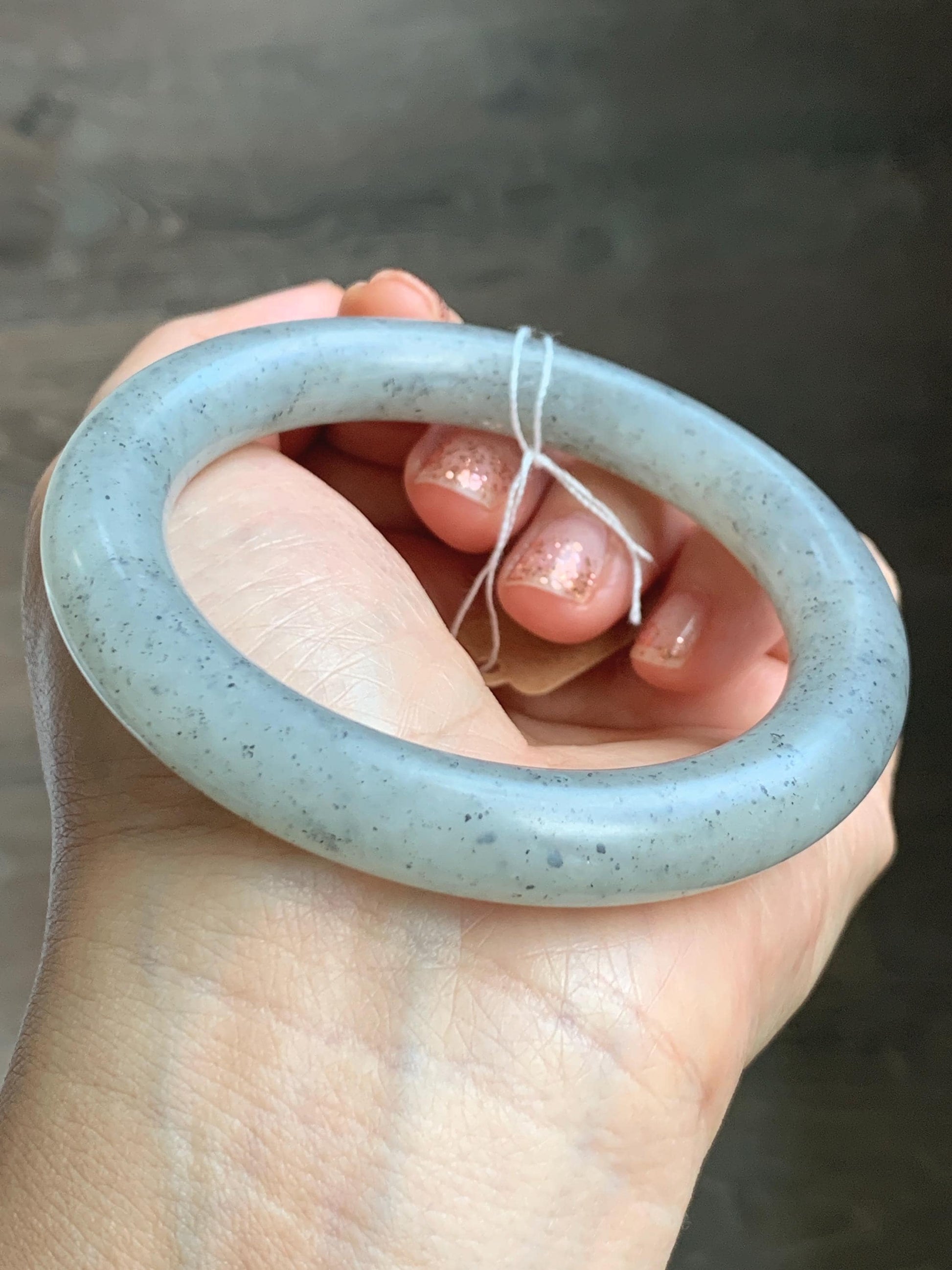 Certified Natural Nephrite Jade Translucent Gray Wuji Marbled Bangle Bracelet Matte Finish 56.7mm 7” 53g 天然和田玉乌鸡黑芝麻花圆条哑光手镯 145