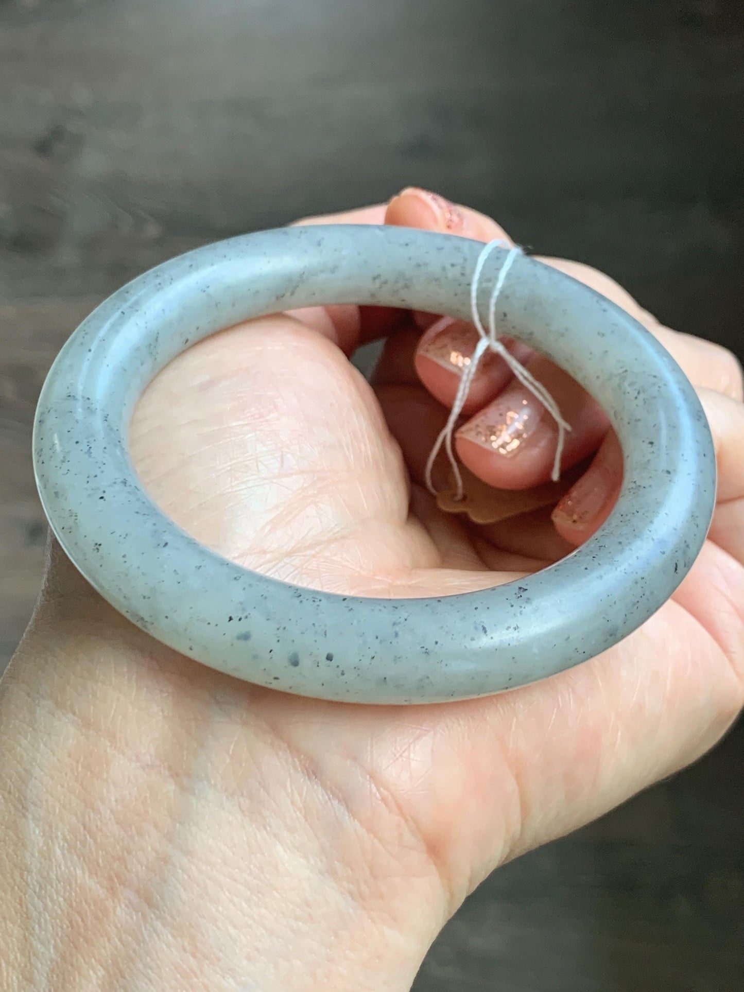 Certified Natural Nephrite Jade Translucent Gray Wuji Marbled Bangle Bracelet Matte Finish 56.7mm 7” 53g 天然和田玉乌鸡黑芝麻花圆条哑光手镯 145