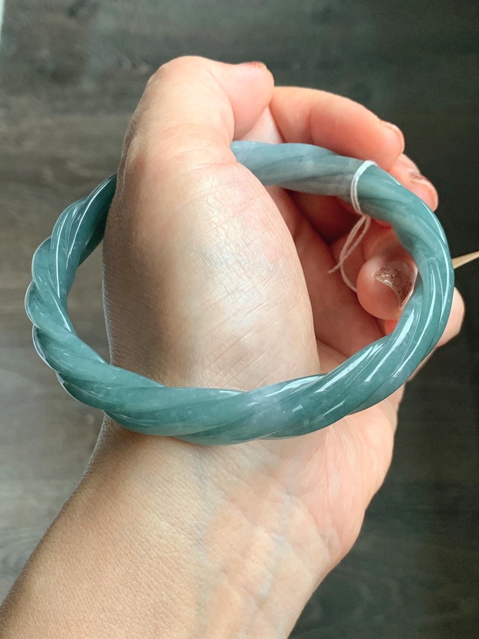 Certified Natural Grade A Guatemalan Icy Translucent Dusty Teal Blue Jade Jadeite Carved Braid Bangle 70.45mm 8.7” 48g 天然冰危暗蓝绿翡翠麻花手镯 463