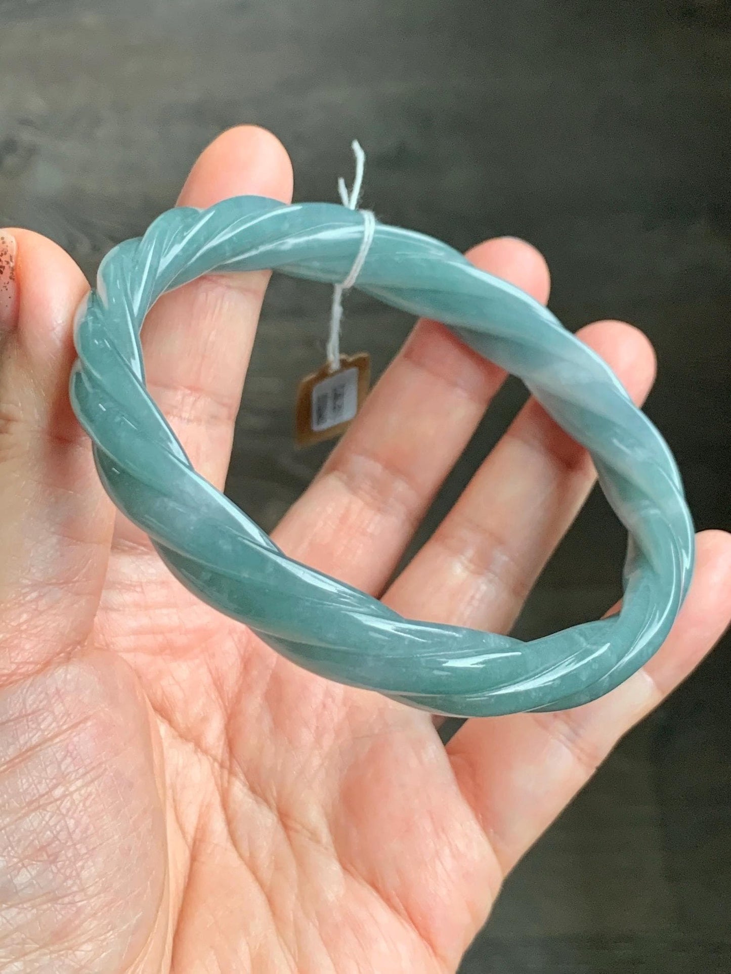Certified Natural Grade A Guatemalan Icy Translucent Dusty Teal Blue Jade Jadeite Carved Braid Bangle 70.45mm 8.7” 48g 天然冰危暗蓝绿翡翠麻花手镯 463