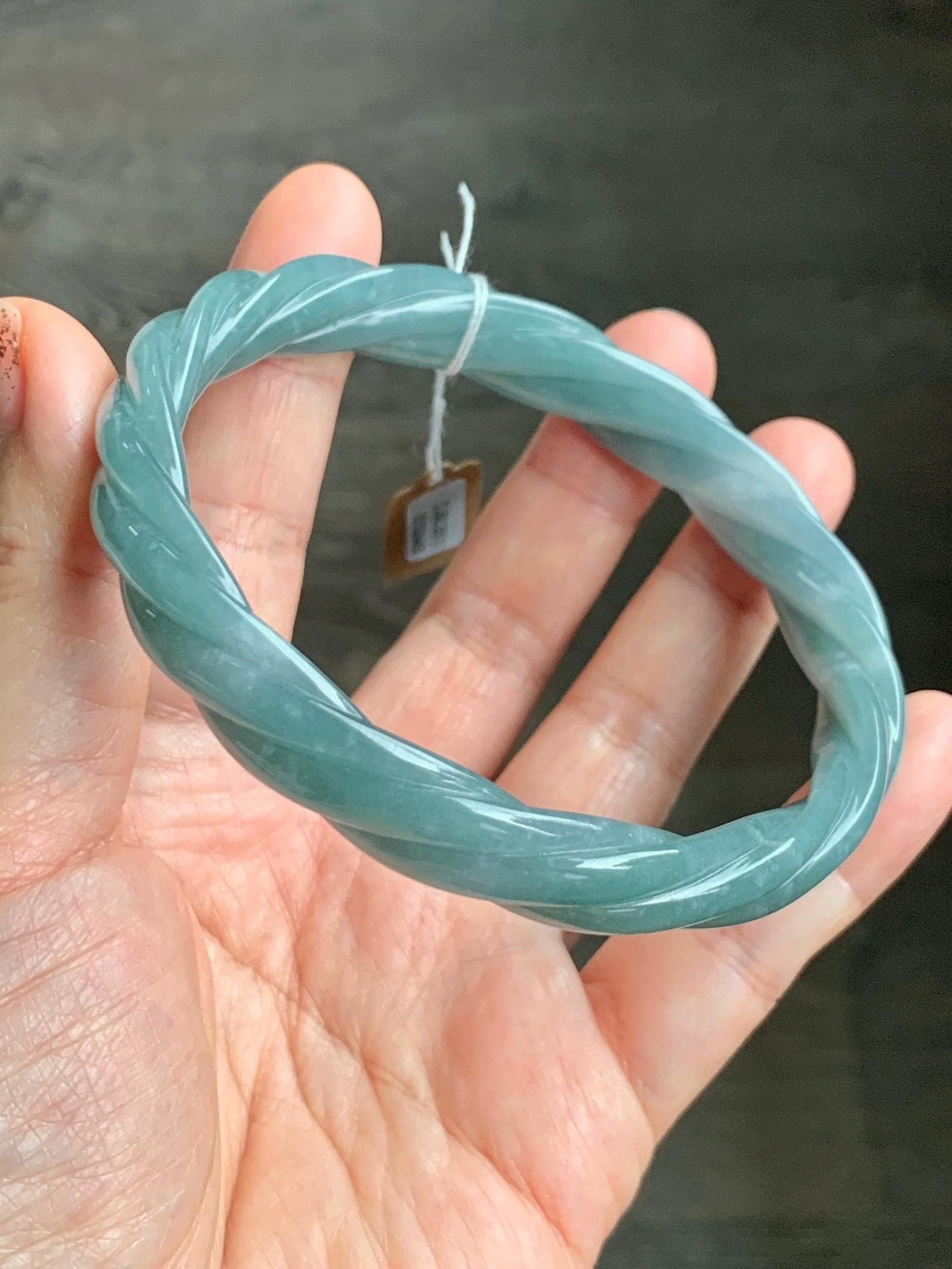 Certified Natural Grade A Guatemalan Icy Translucent Dusty Teal Blue Jade Jadeite Carved Braid Bangle 70.45mm 8.7” 48g 天然冰危暗蓝绿翡翠麻花手镯 463