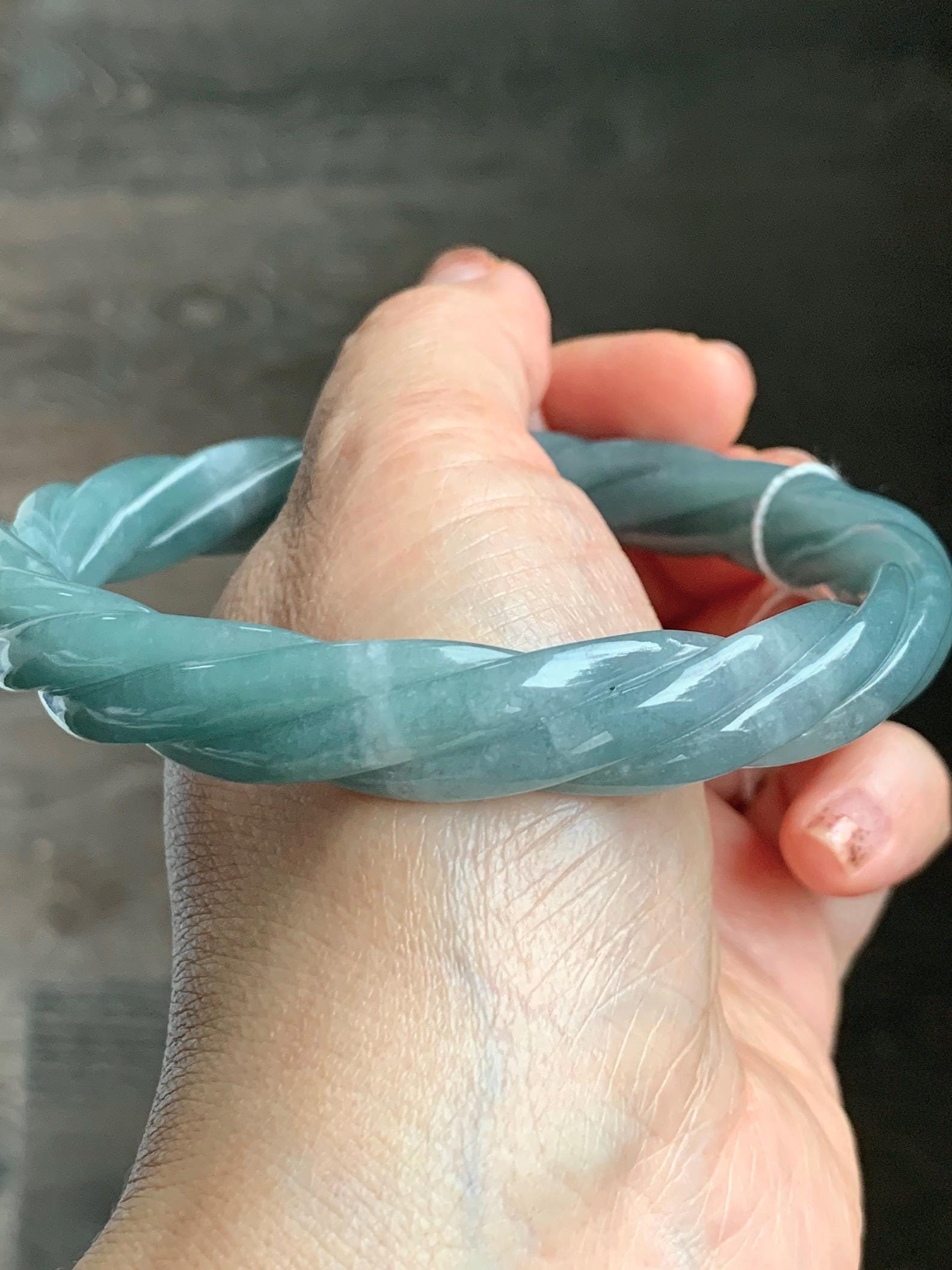 Certified Natural Grade A Guatemalan Icy Translucent Dusty Teal Blue Jade Jadeite Carved Braid Bangle 70.45mm 8.7” 48g 天然冰危暗蓝绿翡翠麻花手镯 463