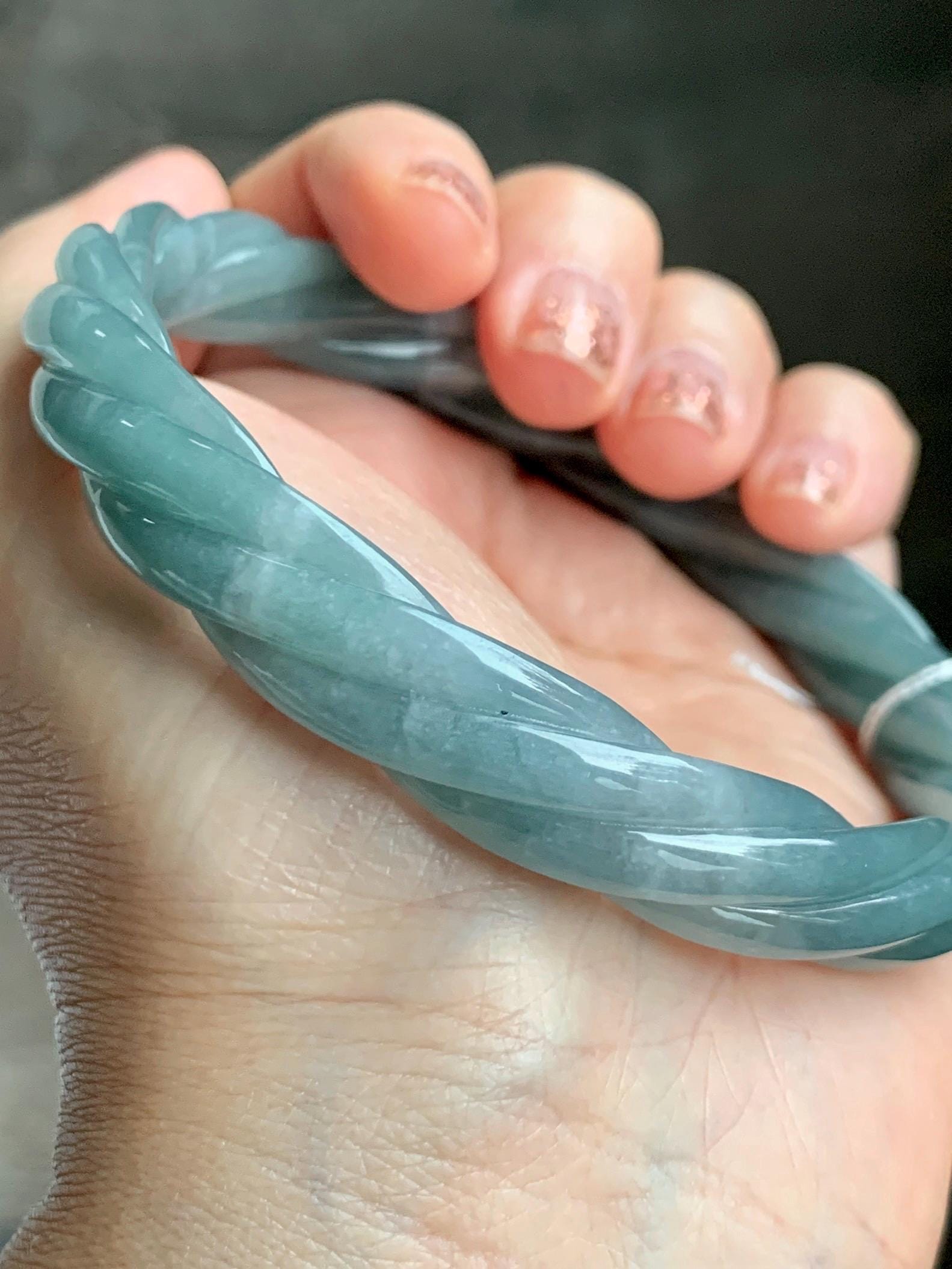 Certified Natural Grade A Guatemalan Icy Translucent Dusty Teal Blue Jade Jadeite Carved Braid Bangle 70.45mm 8.7” 48g 天然冰危暗蓝绿翡翠麻花手镯 463