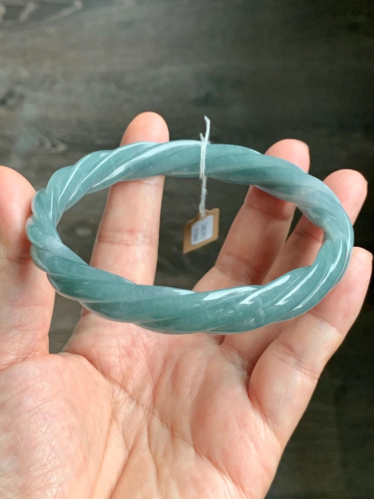 Certified Natural Grade A Guatemalan Icy Translucent Dusty Teal Blue Jade Jadeite Carved Braid Bangle 70.45mm 8.7” 48g 天然冰危暗蓝绿翡翠麻花手镯 463