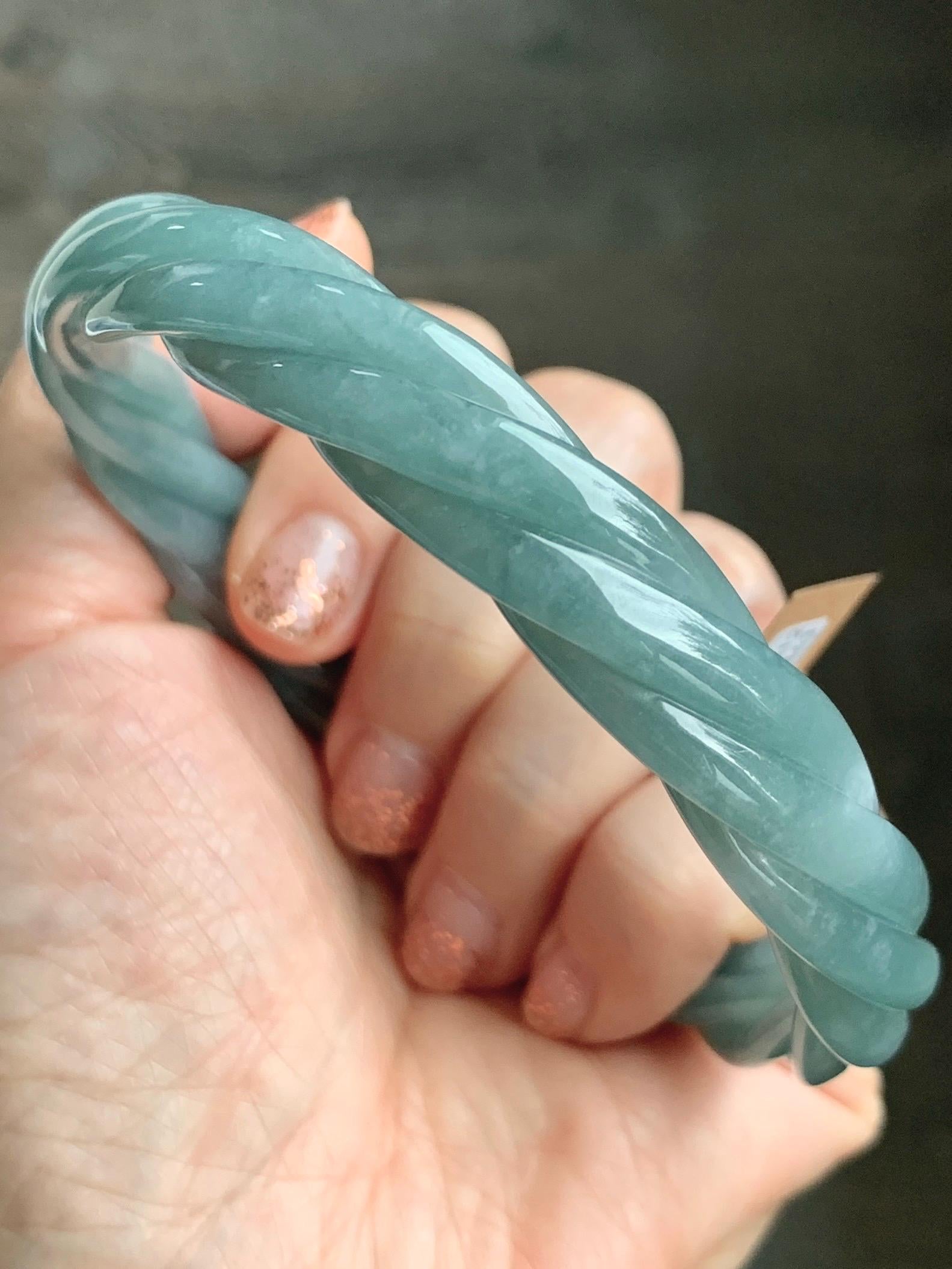 Certified Natural Grade A Guatemalan Icy Translucent Dusty Teal Blue Jade Jadeite Carved Braid Bangle 70.45mm 8.7” 48g 天然冰危暗蓝绿翡翠麻花手镯 463
