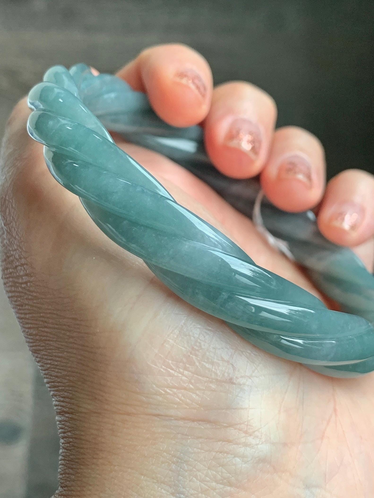 Certified Natural Grade A Guatemalan Icy Translucent Dusty Teal Blue Jade Jadeite Carved Braid Bangle 70.45mm 8.7” 48g 天然冰危暗蓝绿翡翠麻花手镯 463