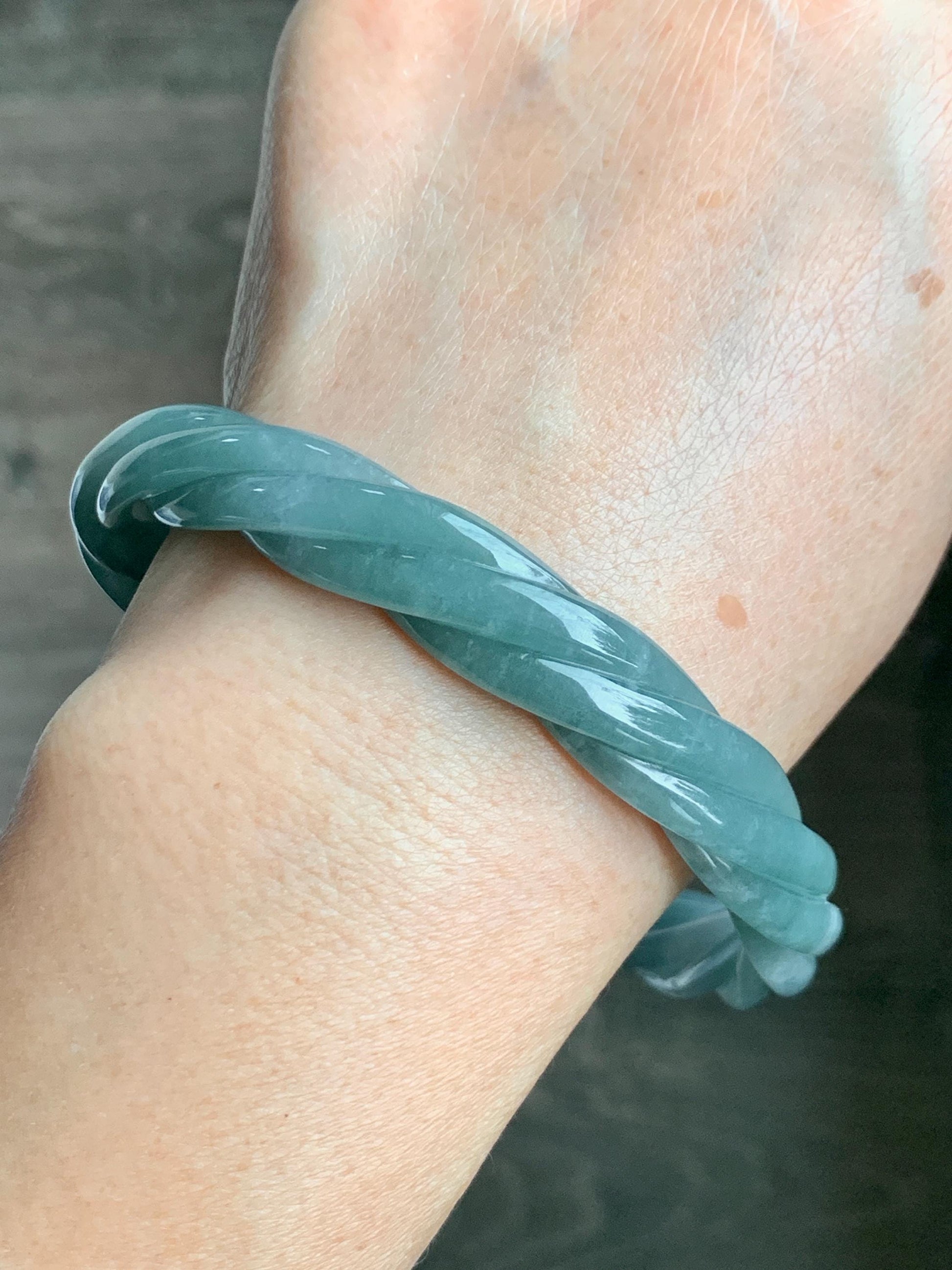 Certified Natural Grade A Guatemalan Icy Translucent Dusty Teal Blue Jade Jadeite Carved Braid Bangle 70.45mm 8.7” 48g 天然冰危暗蓝绿翡翠麻花手镯 463