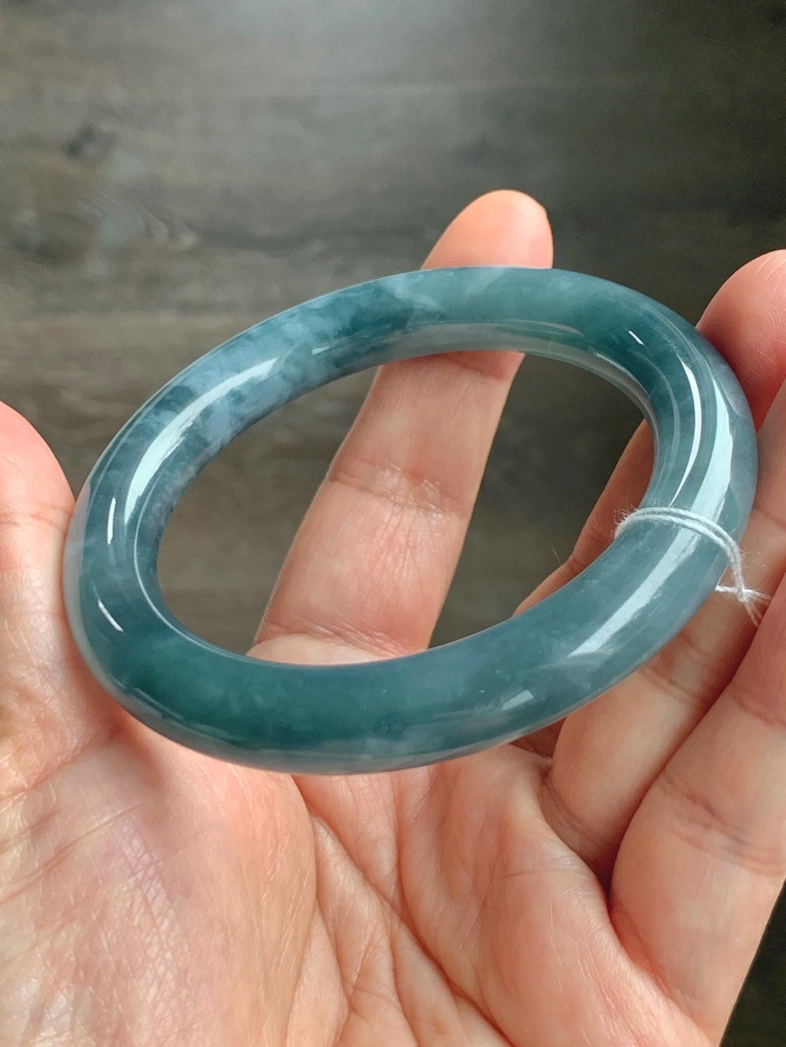 Certified Natural Grade A Guatemalan Icy Translucent Dusty Blueberry Blue Jade Jadeite Wide Bangle Bracelet 55.9mm 6.9” 天然冰危蓝莓紫翡翠粗圆条手镯 470
