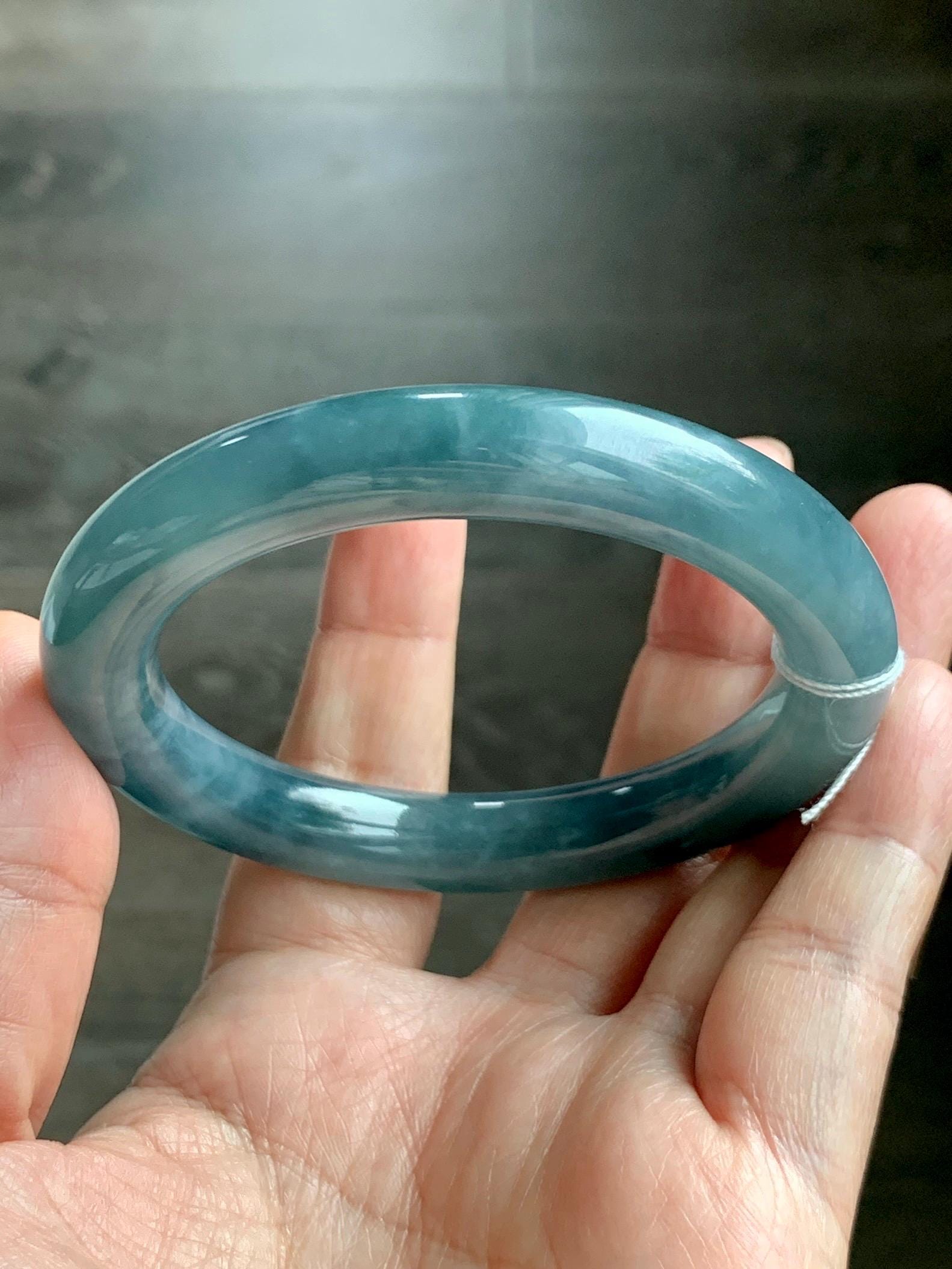 Certified Natural Grade A Guatemalan Icy Translucent Dusty Blueberry Blue Jade Jadeite Wide Bangle Bracelet 55.9mm 6.9” 天然冰危蓝莓紫翡翠粗圆条手镯 470