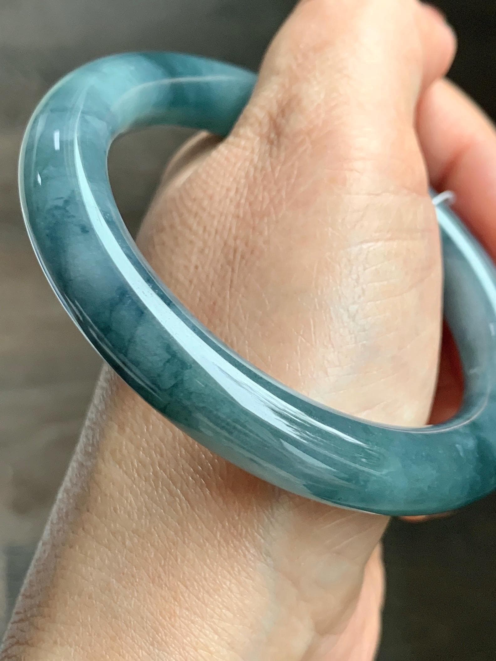Certified Natural Grade A Guatemalan Icy Translucent Dusty Blueberry Blue Jade Jadeite Wide Bangle Bracelet 56.7mm 7” 天然冰危蓝莓紫翡翠粗圆条手镯 469