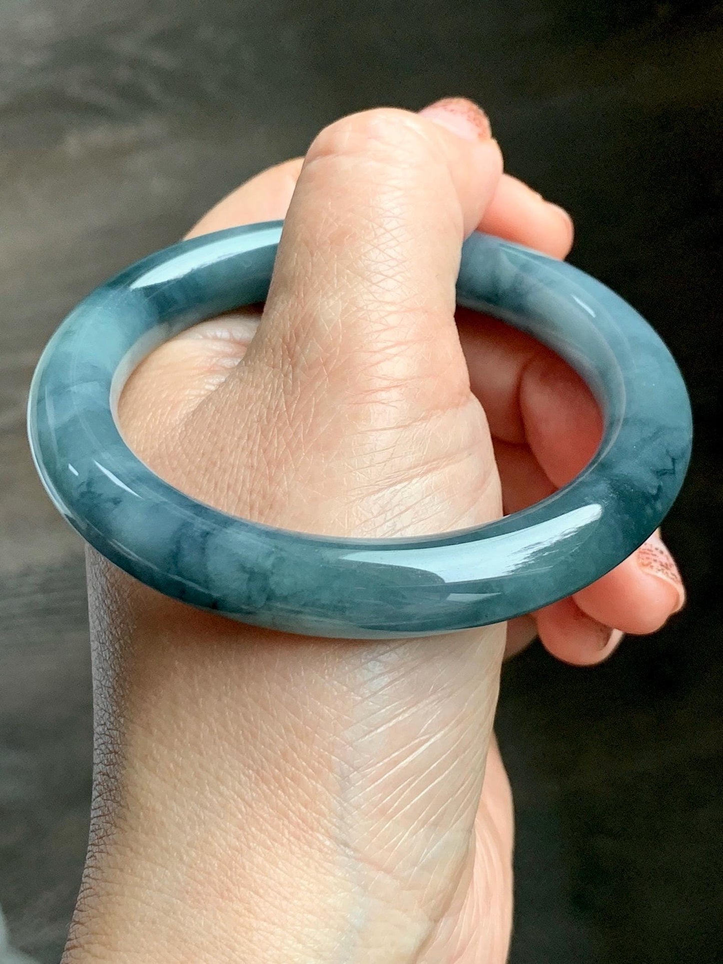 Certified Natural Grade A Guatemalan Icy Translucent Dusty Blueberry Blue Jade Jadeite Wide Bangle Bracelet 56.7mm 7” 天然冰危蓝莓紫翡翠粗圆条手镯 469