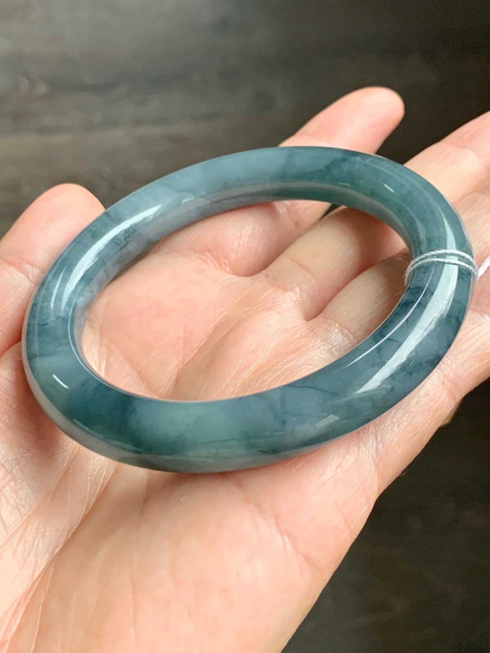 Certified Natural Grade A Guatemalan Icy Translucent Dusty Blueberry Blue Jade Jadeite Wide Bangle Bracelet 56.7mm 7” 天然冰危蓝莓紫翡翠粗圆条手镯 469