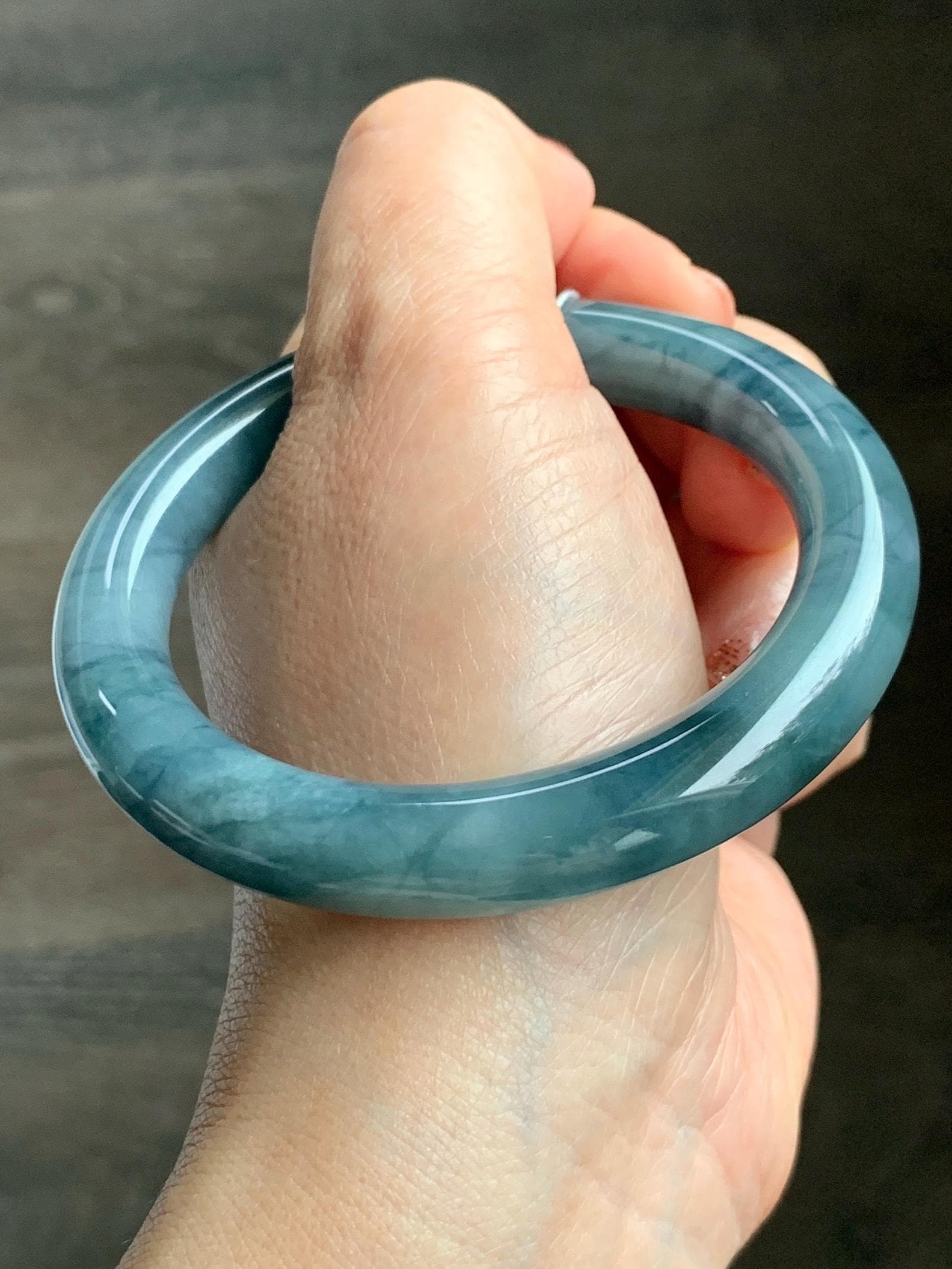 Certified Natural Grade A Guatemalan Icy Translucent Dusty Blueberry Blue Jade Jadeite Wide Bangle Bracelet 56.7mm 7” 天然冰危蓝莓紫翡翠粗圆条手镯 469