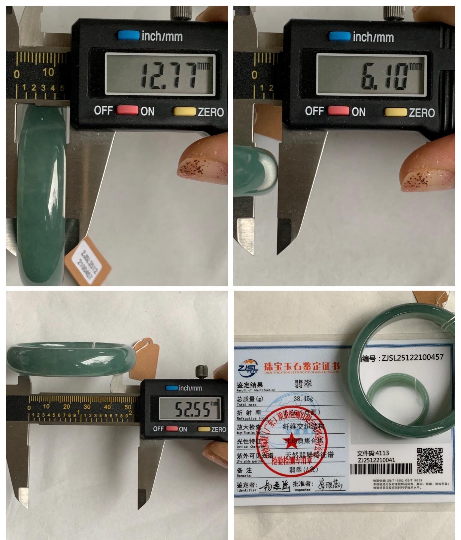 Certified Natural Grade A Guatemalan Icy Translucent Dusty Teal Green Jade Jadeite Wide Bangle 52.5mm 6.5” 38.45g 天然冰危蓝绿翡翠正圈宽版手镯 457