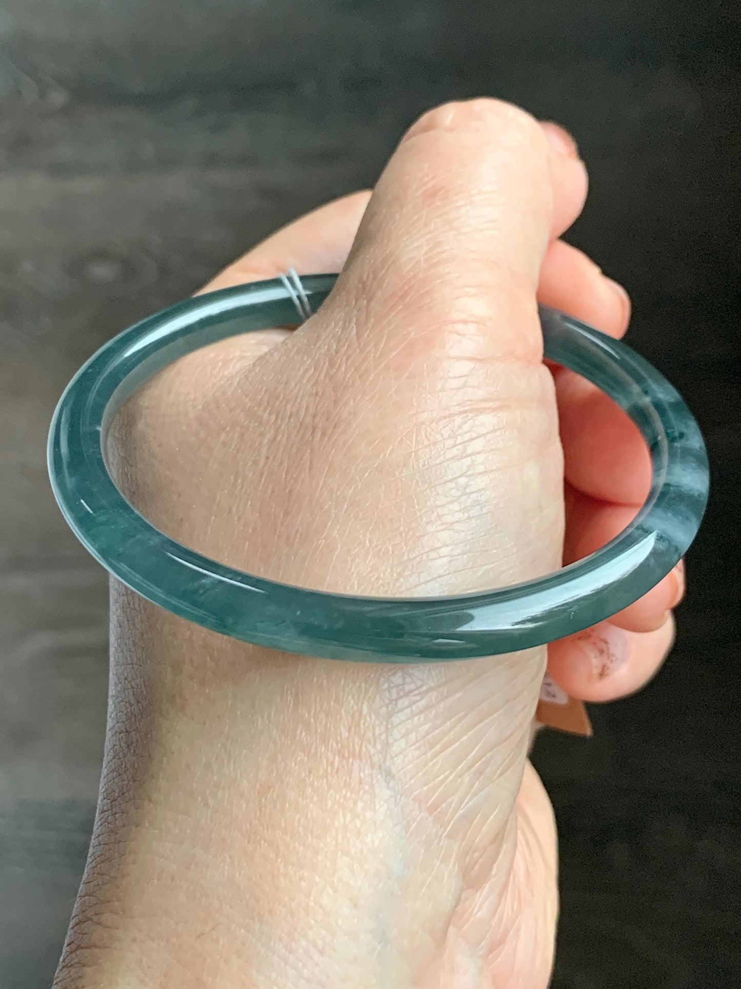 Certified Natural Grade A Guatemalan Icy Highly Translucent Dark Teal Blue Jade Jadeite Slim Bangle 58.56mm 7.24” 19.29g 天然冰胶危深蓝绿翡翠细圆条手镯 450