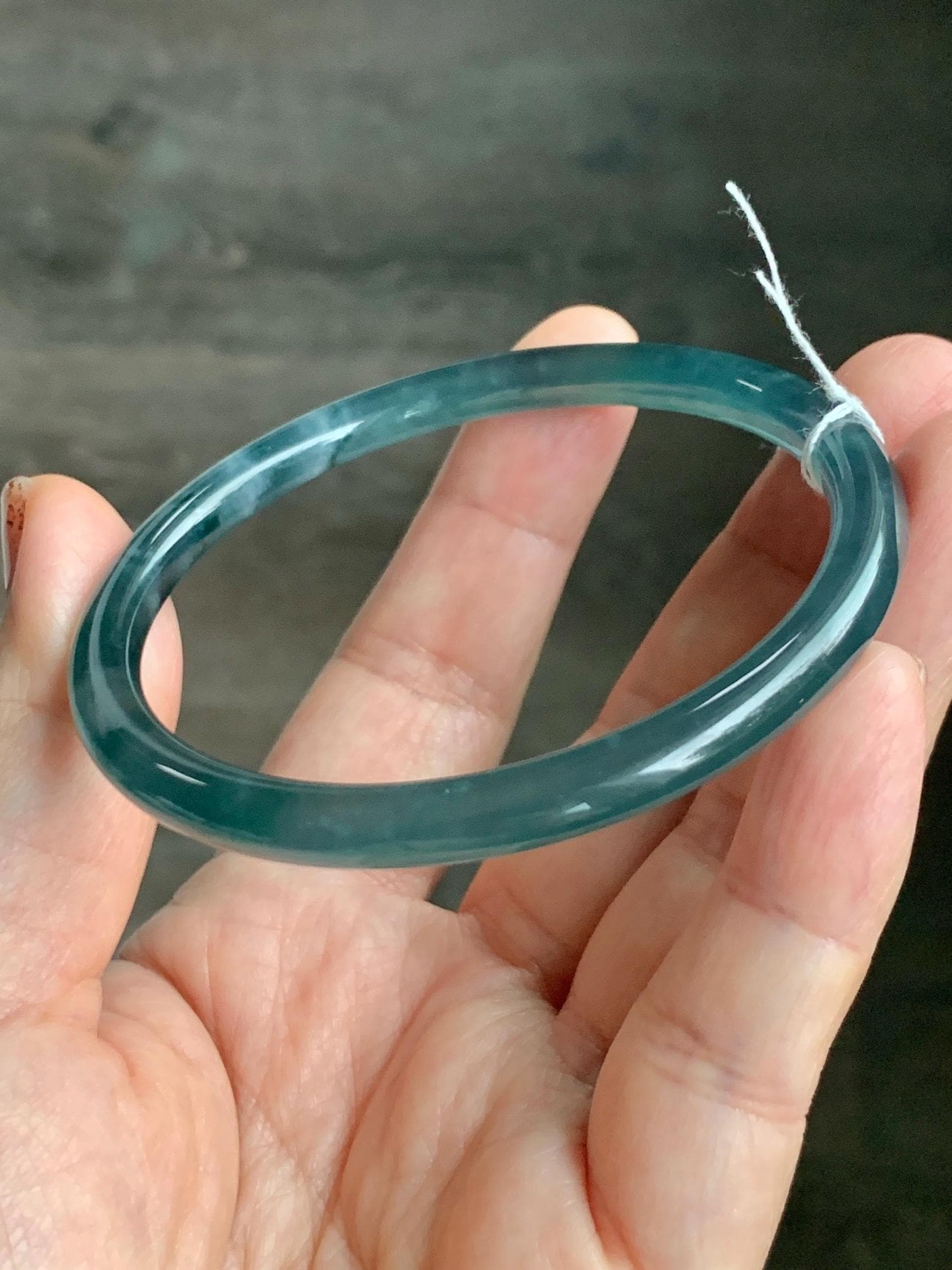 Certified Natural Grade A Guatemalan Icy Highly Translucent Dark Teal Blue Jade Jadeite Slim Bangle 58.56mm 7.24” 19.29g 天然冰胶危深蓝绿翡翠细圆条手镯 450