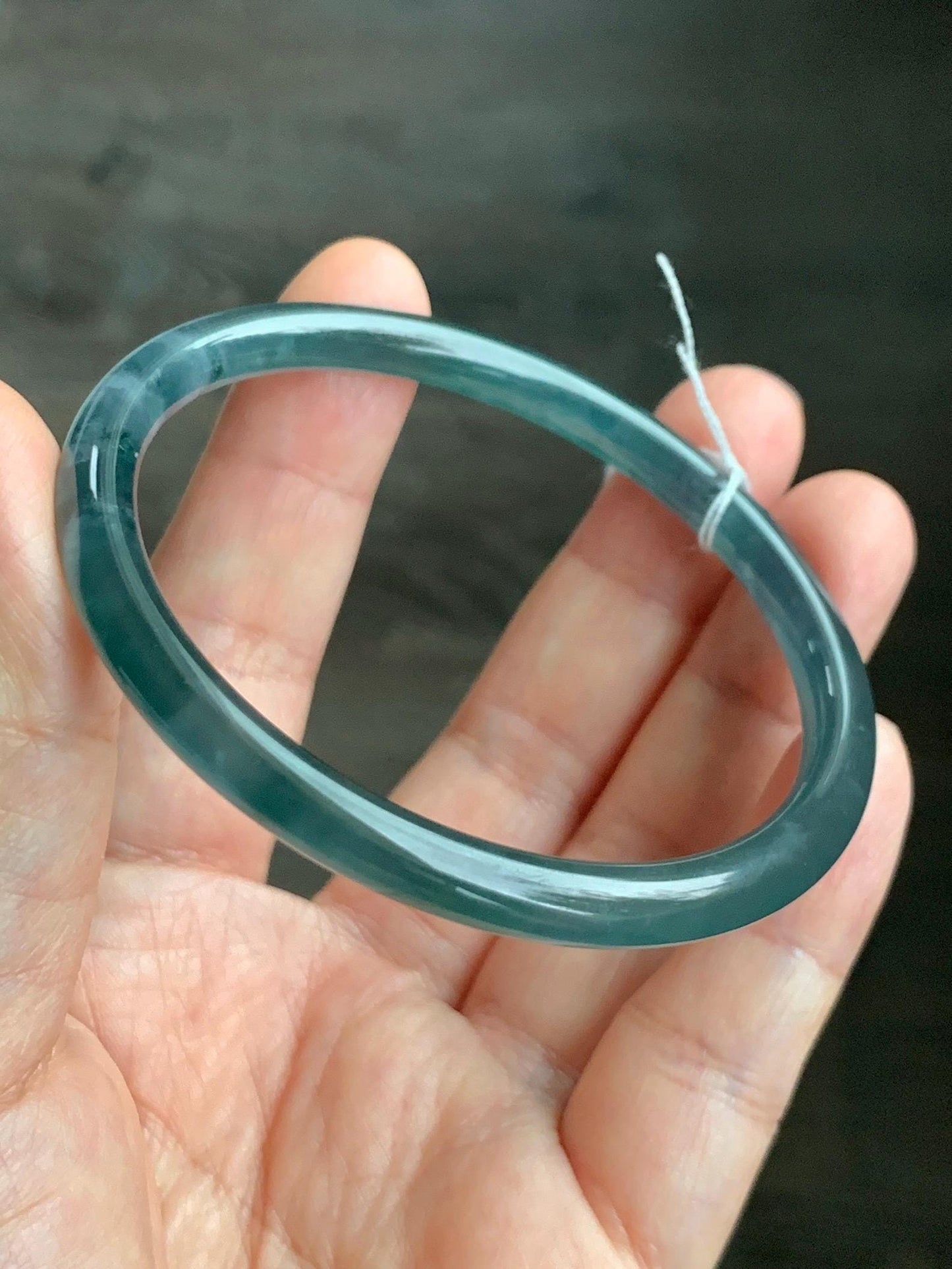 Certified Natural Grade A Guatemalan Icy Highly Translucent Dark Teal Blue Jade Jadeite Slim Bangle 58.56mm 7.24” 19.29g 天然冰胶危深蓝绿翡翠细圆条手镯 450