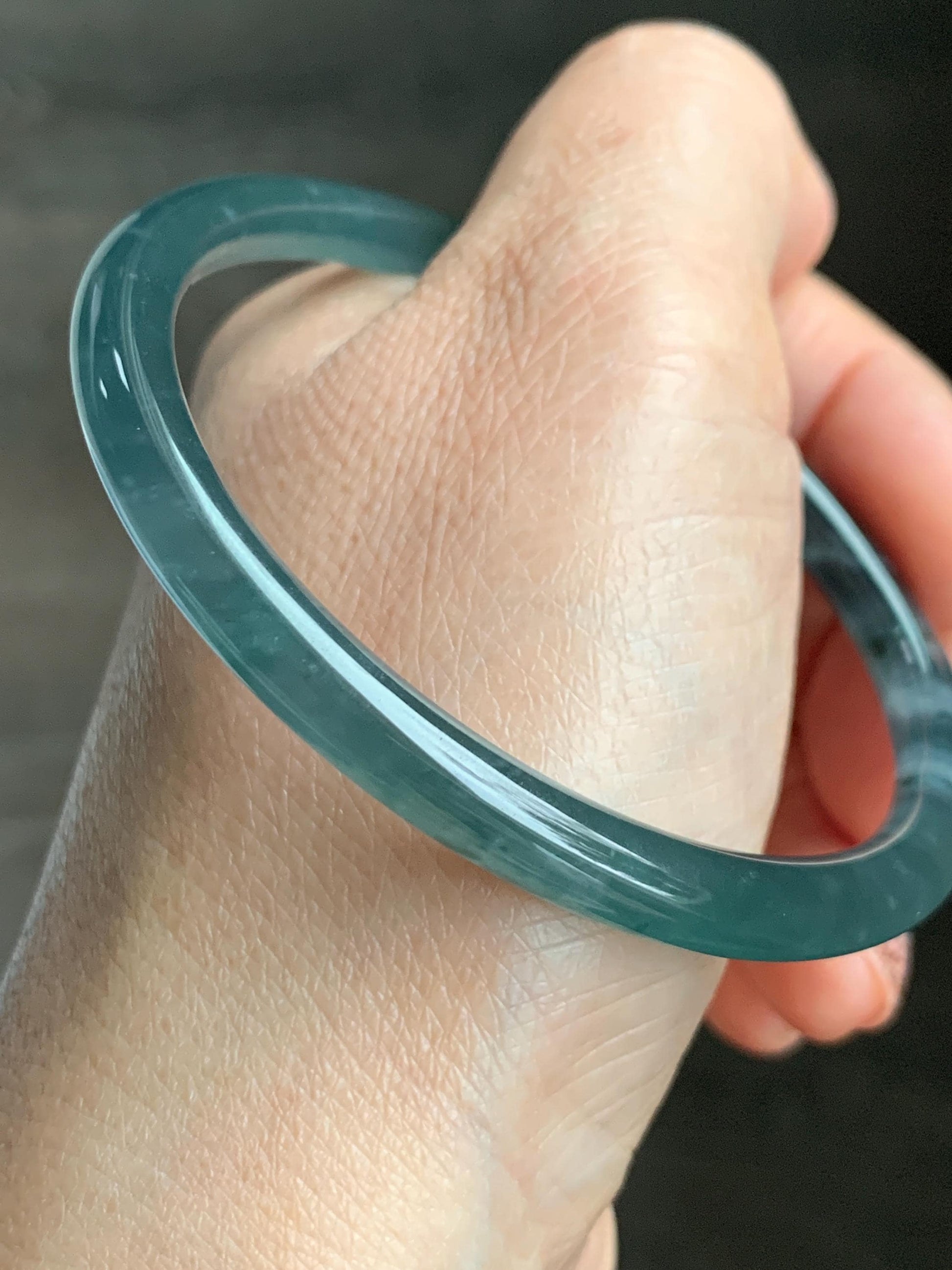 Certified Natural Grade A Guatemalan Icy Highly Translucent Dark Teal Blue Jade Jadeite Slim Bangle 58.56mm 7.24” 19.29g 天然冰胶危深蓝绿翡翠细圆条手镯 450