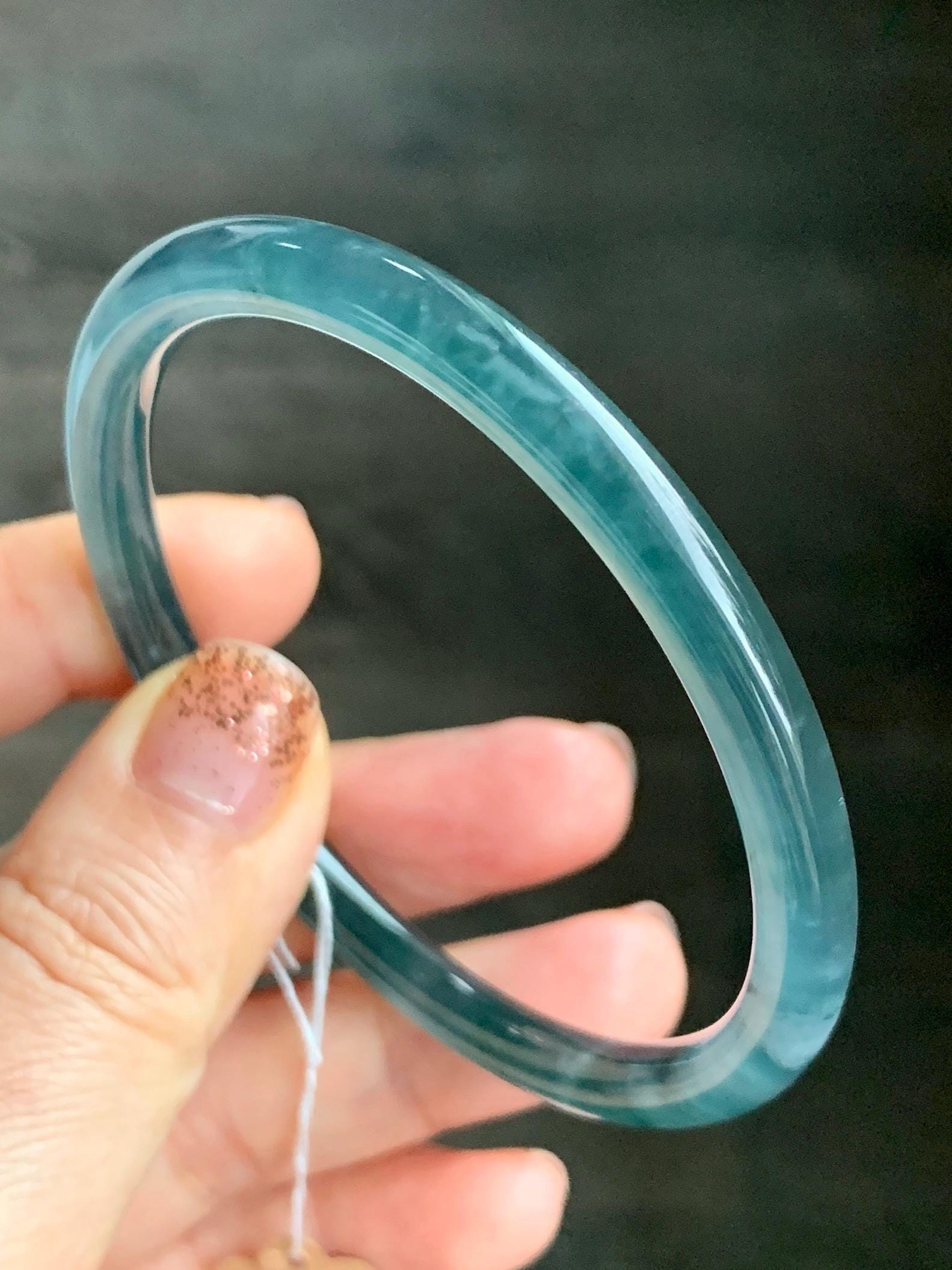 Certified Natural Grade A Guatemalan Icy Highly Translucent Dark Teal Blue Jade Jadeite Slim Bangle 58.56mm 7.24” 19.29g 天然冰胶危深蓝绿翡翠细圆条手镯 450