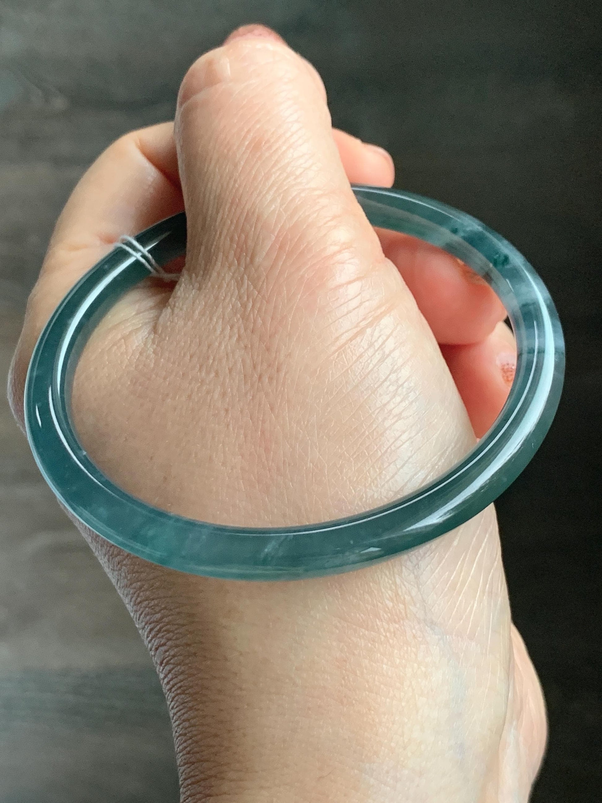 Certified Natural Grade A Guatemalan Icy Highly Translucent Dark Teal Blue Jade Jadeite Slim Bangle 58.56mm 7.24” 19.29g 天然冰胶危深蓝绿翡翠细圆条手镯 450