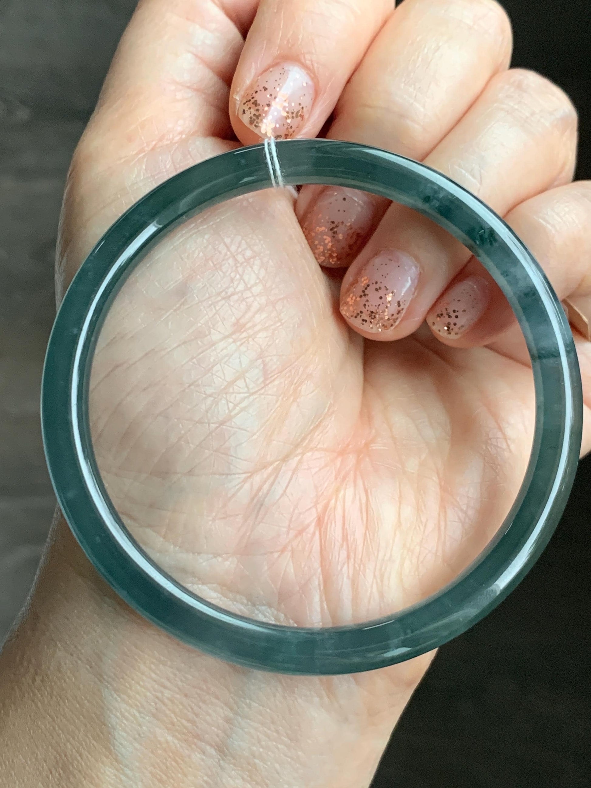 Certified Natural Grade A Guatemalan Icy Highly Translucent Dark Teal Blue Jade Jadeite Slim Bangle 58.56mm 7.24” 19.29g 天然冰胶危深蓝绿翡翠细圆条手镯 450