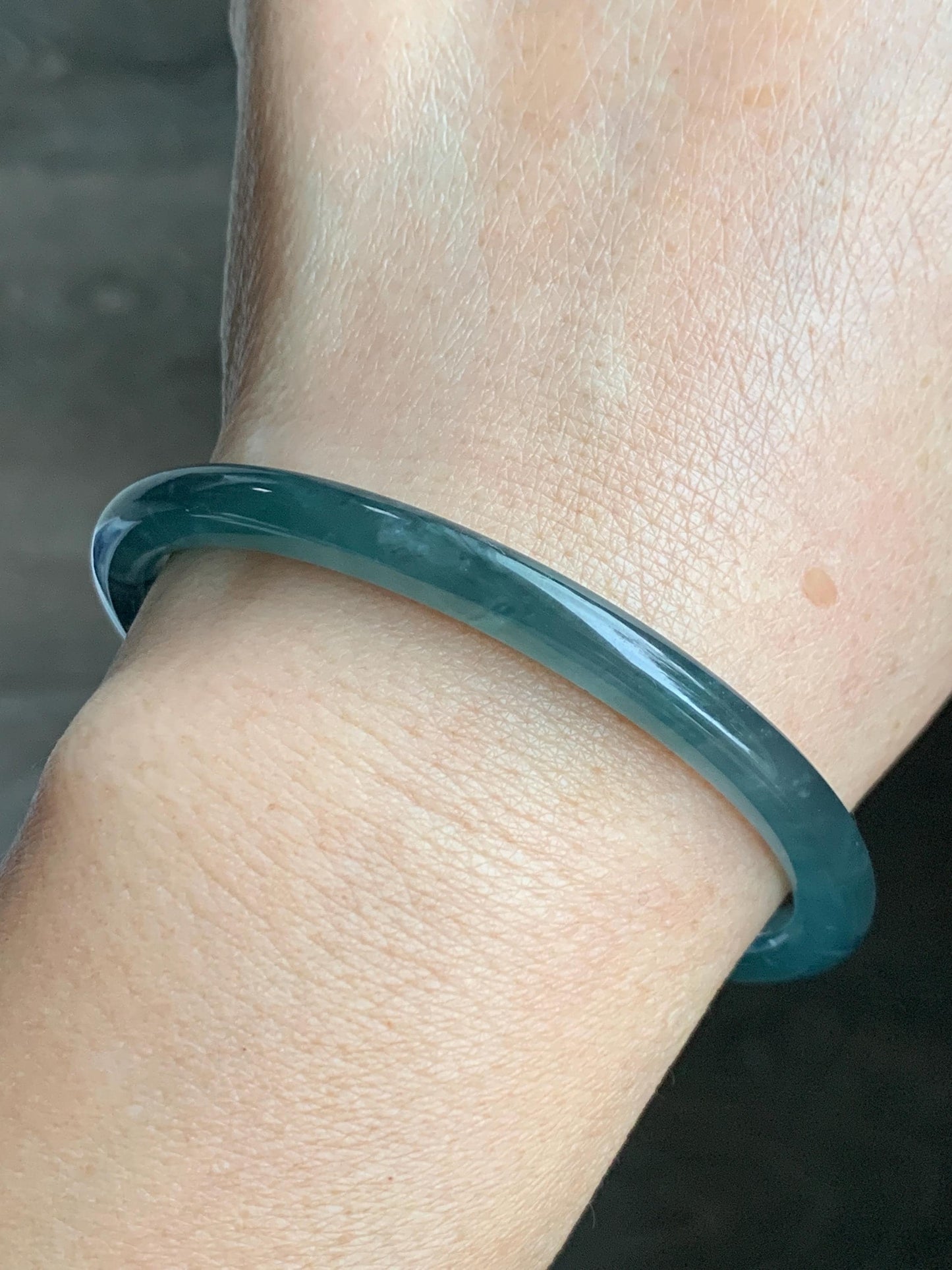 Certified Natural Grade A Guatemalan Icy Highly Translucent Dark Teal Blue Jade Jadeite Slim Bangle 58.56mm 7.24” 19.29g 天然冰胶危深蓝绿翡翠细圆条手镯 450