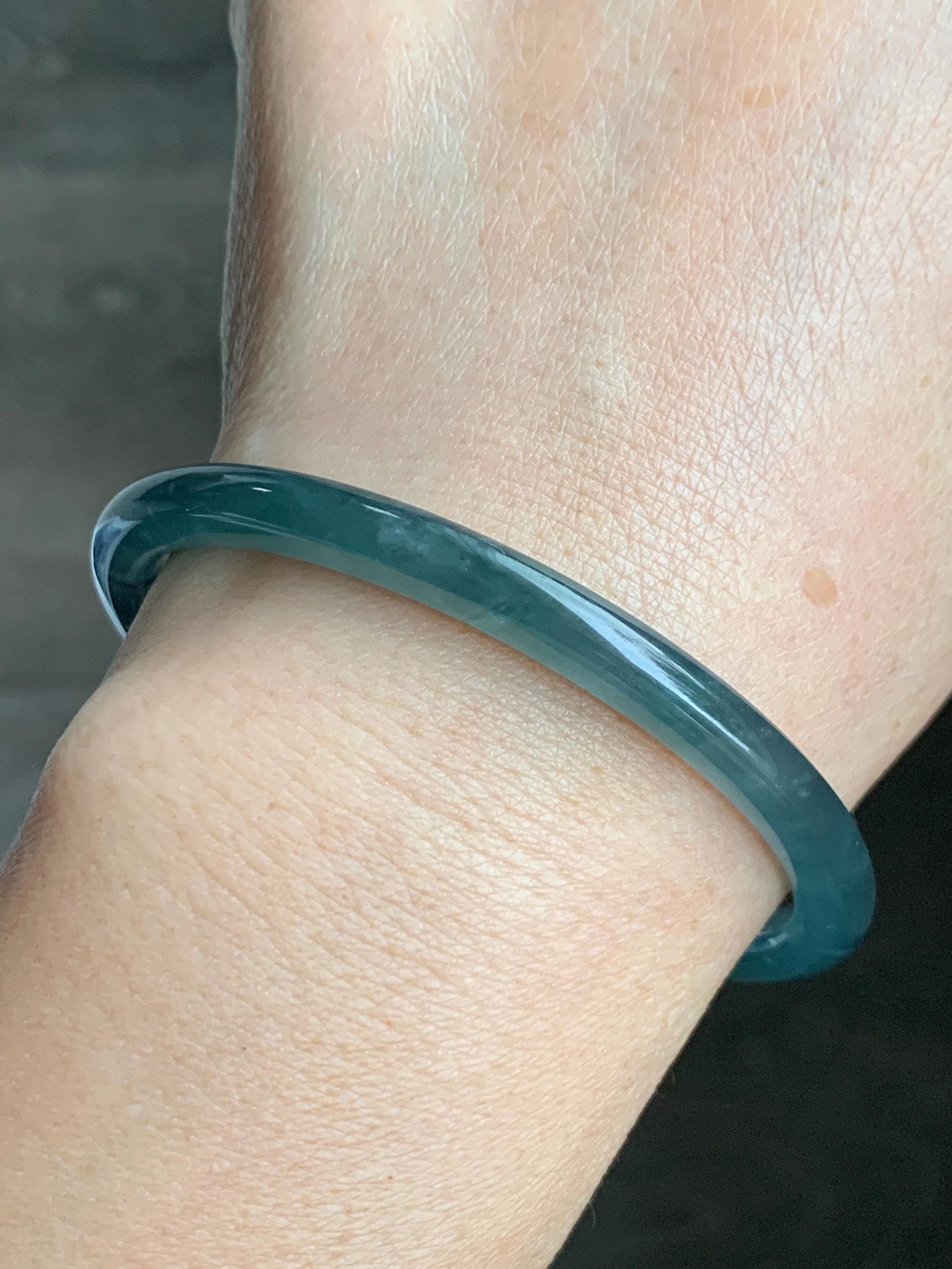 Certified Natural Grade A Guatemalan Icy Highly Translucent Dark Teal Blue Jade Jadeite Slim Bangle 58.56mm 7.24” 19.29g 天然冰胶危深蓝绿翡翠细圆条手镯 450