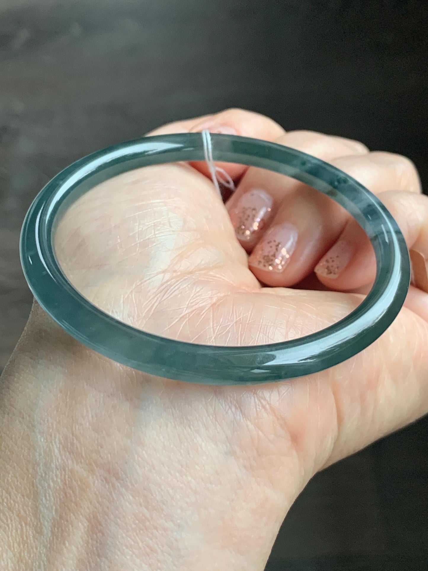 Certified Natural Grade A Guatemalan Icy Highly Translucent Dark Teal Blue Jade Jadeite Slim Bangle 58.56mm 7.24” 19.29g 天然冰胶危深蓝绿翡翠细圆条手镯 450