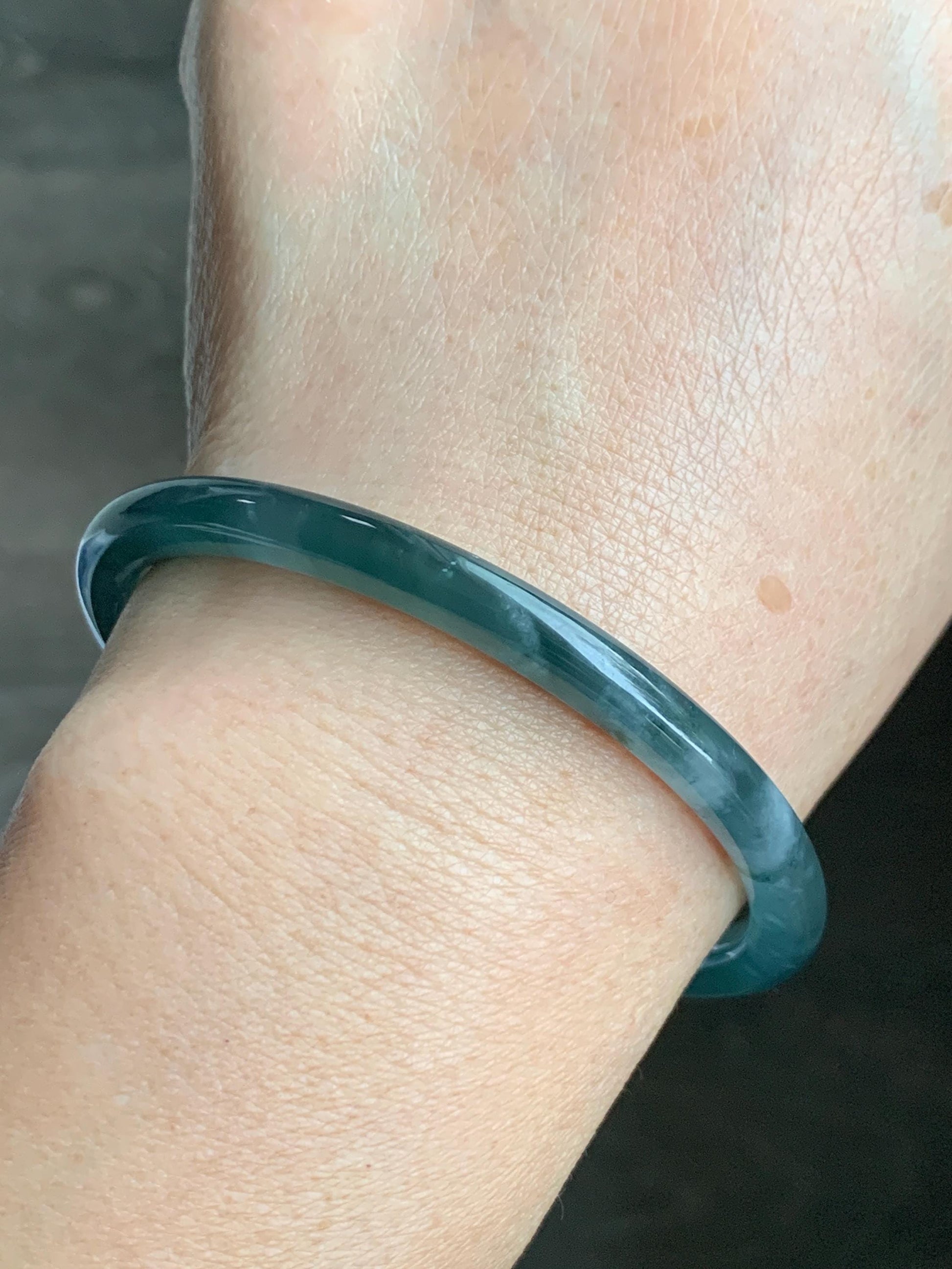 Certified Natural Grade A Guatemalan Icy Highly Translucent Dark Teal Blue Jade Jadeite Slim Bangle 58.56mm 7.24” 19.29g 天然冰胶危深蓝绿翡翠细圆条手镯 450