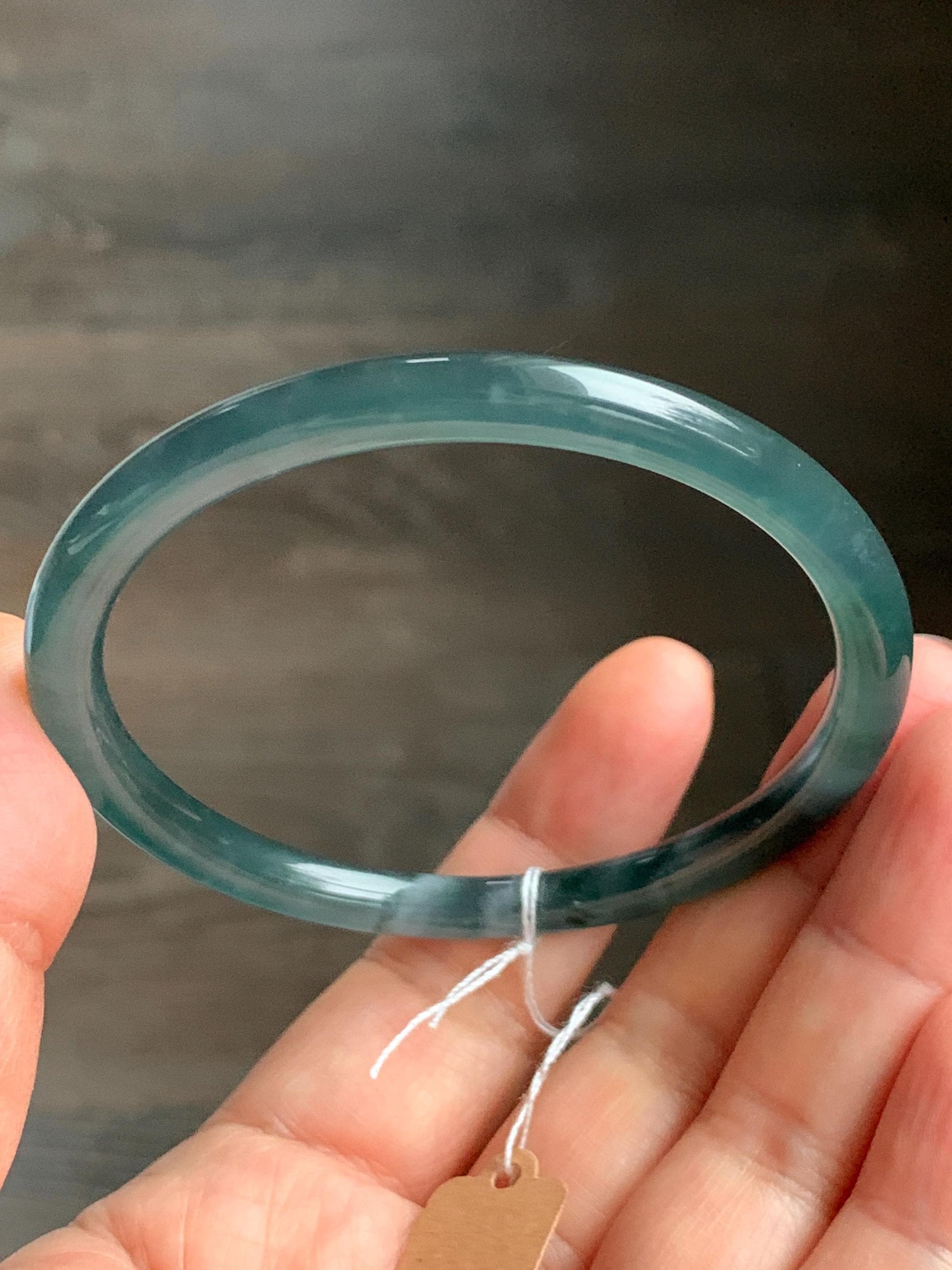 Certified Natural Grade A Guatemalan Icy Highly Translucent Dark Teal Blue Jade Jadeite Slim Bangle 58.56mm 7.24” 19.29g 天然冰胶危深蓝绿翡翠细圆条手镯 450