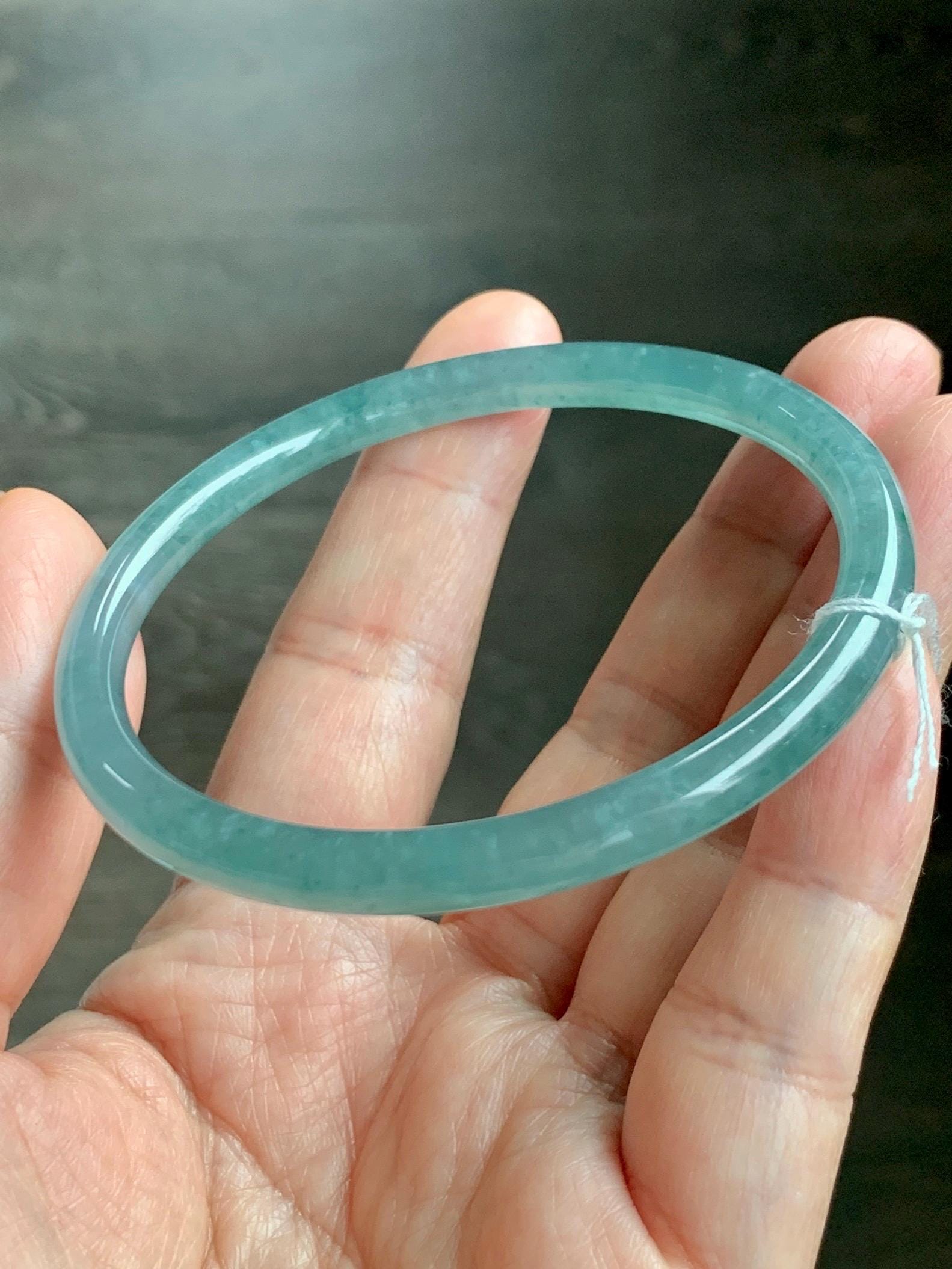 Certified Natural Grade A Guatemalan Icy Translucent Dusty Teal Green Jade Jadeite Slim Bangle 59.3mm 7.33” 18.8g 天然冰危晴蓝翡翠细圆条手镯 461