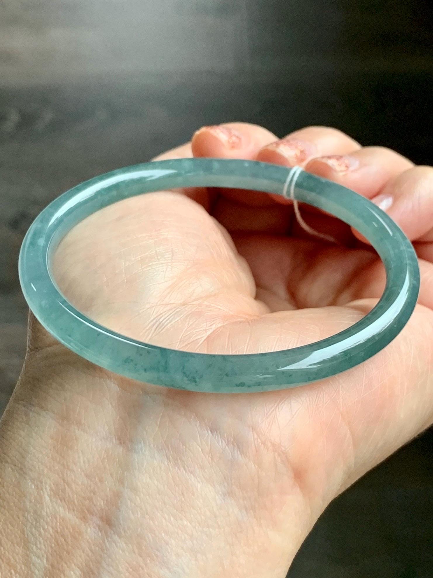 Certified Natural Grade A Guatemalan Icy Translucent Dusty Teal Green Jade Jadeite Slim Bangle 59.3mm 7.33” 18.8g 天然冰危晴蓝翡翠细圆条手镯 461