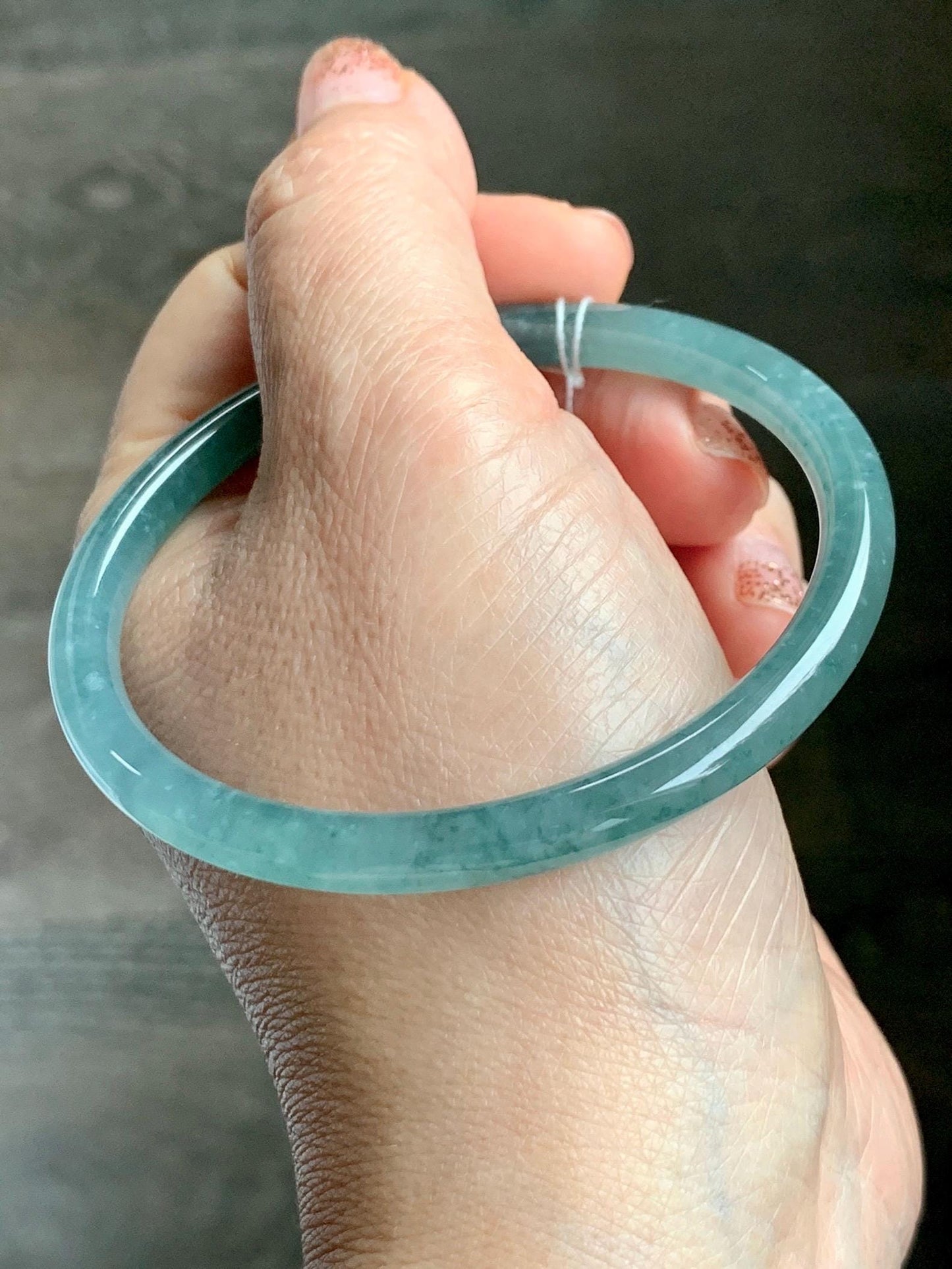 Certified Natural Grade A Guatemalan Icy Translucent Dusty Teal Green Jade Jadeite Slim Bangle 59.3mm 7.33” 18.8g 天然冰危晴蓝翡翠细圆条手镯 461